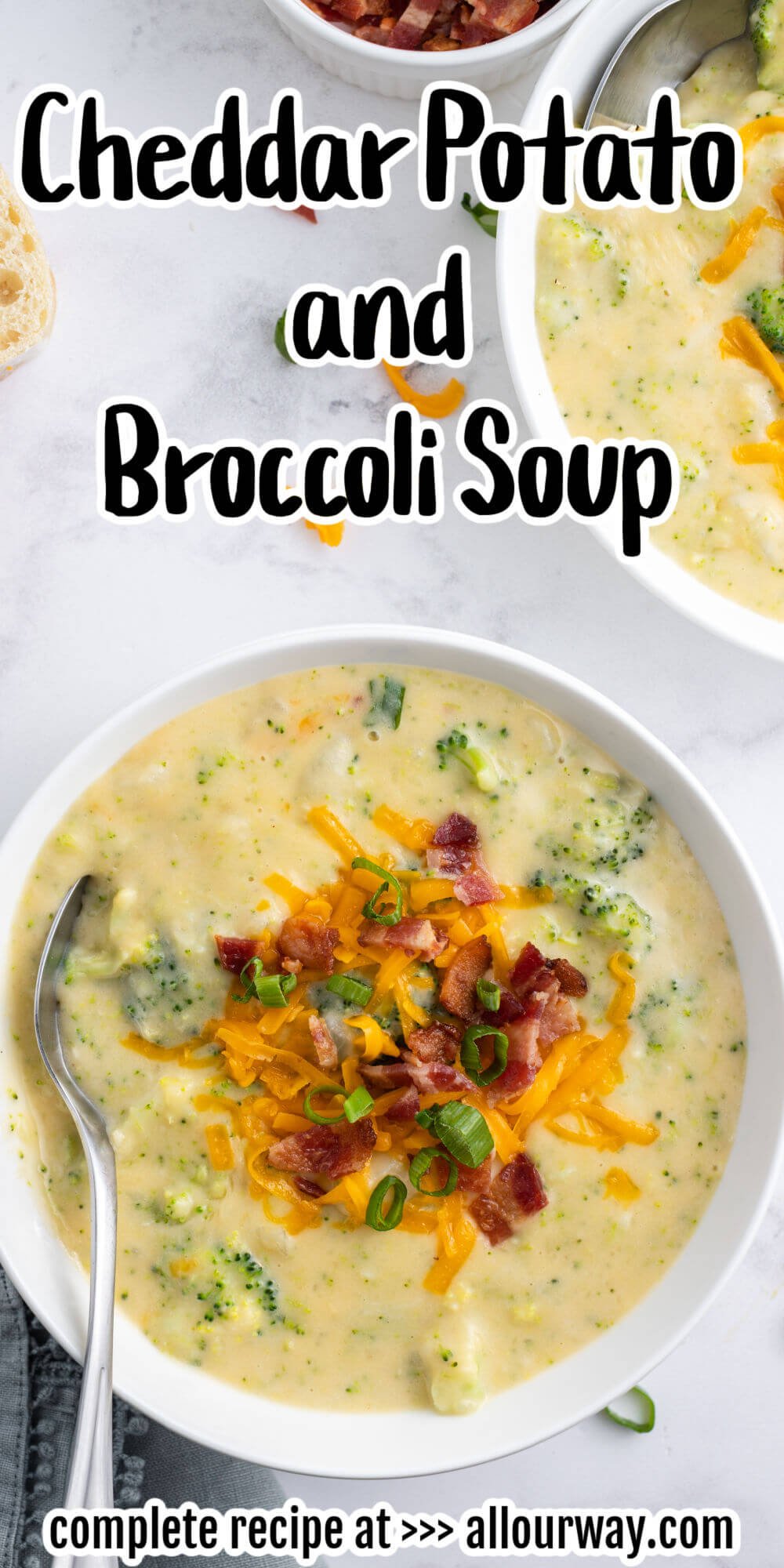 This Cheddar Potato Broccoli Soup recipe makes a rich and comforting soup with tender pieces of broccoli and potato, and melted cheddar cheese infused throughout! It's hearty and rich without heavy cream. Serve it this fall or winter with garlic bread or grilled cheese sandwiches.