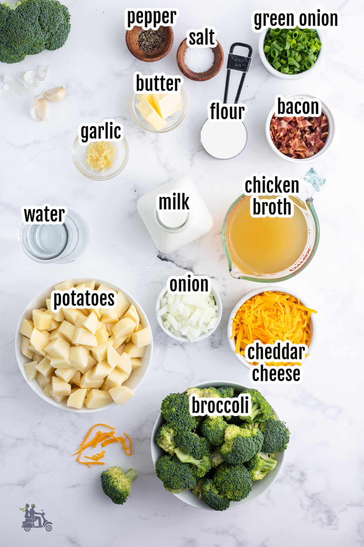 Image of the ingredients needed to make the cheddar broccoli soup with potatoes. 