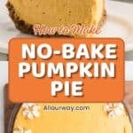 No-bake pumpkin pie for an easy holiday dessert. A ginger crust and dollops of whipped cream on top make it a how-stopper dessert.