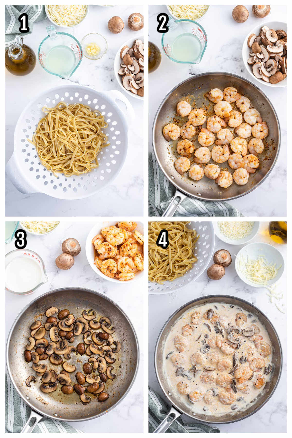 The first four steps to making the prawn pasta with fettuccine pasta in a creamy cheese sauce. 