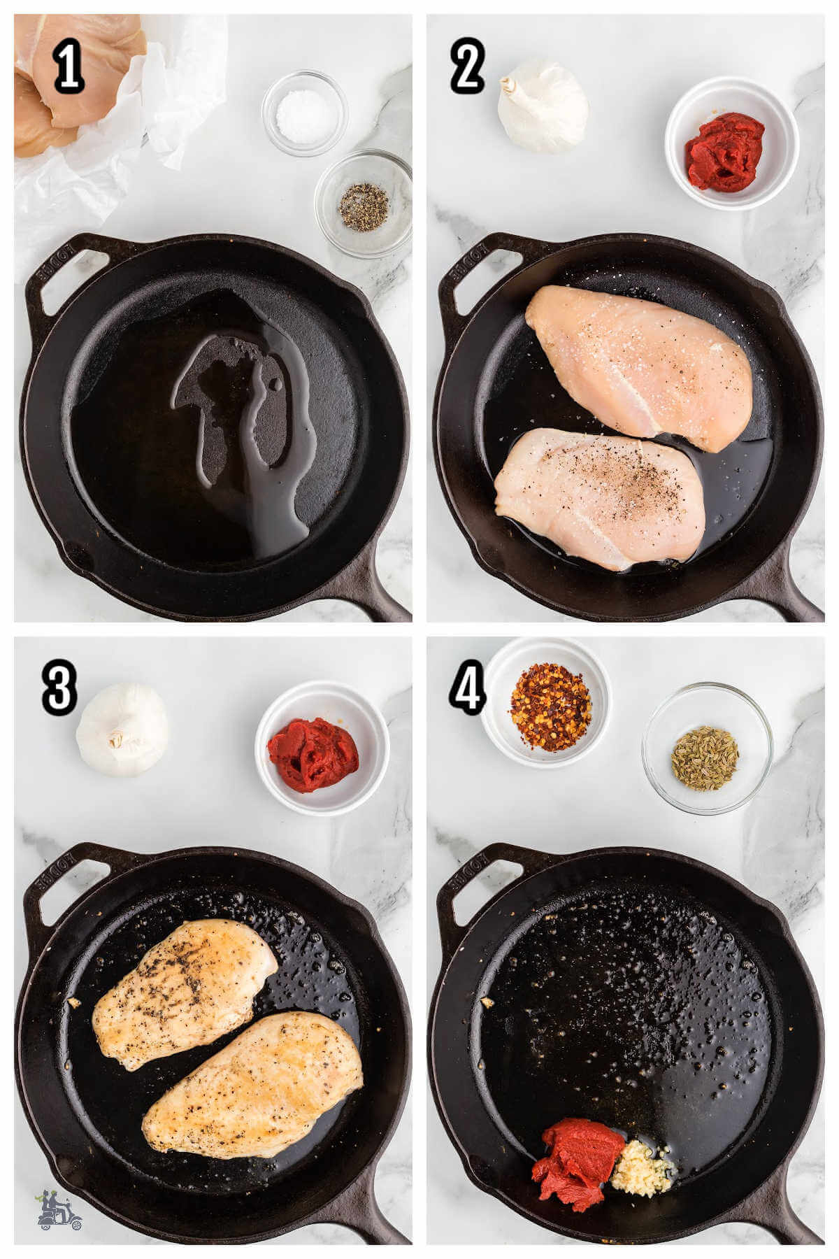 Collage of first four steps to making the chicken skillet dinner with tomatoes and kale. 