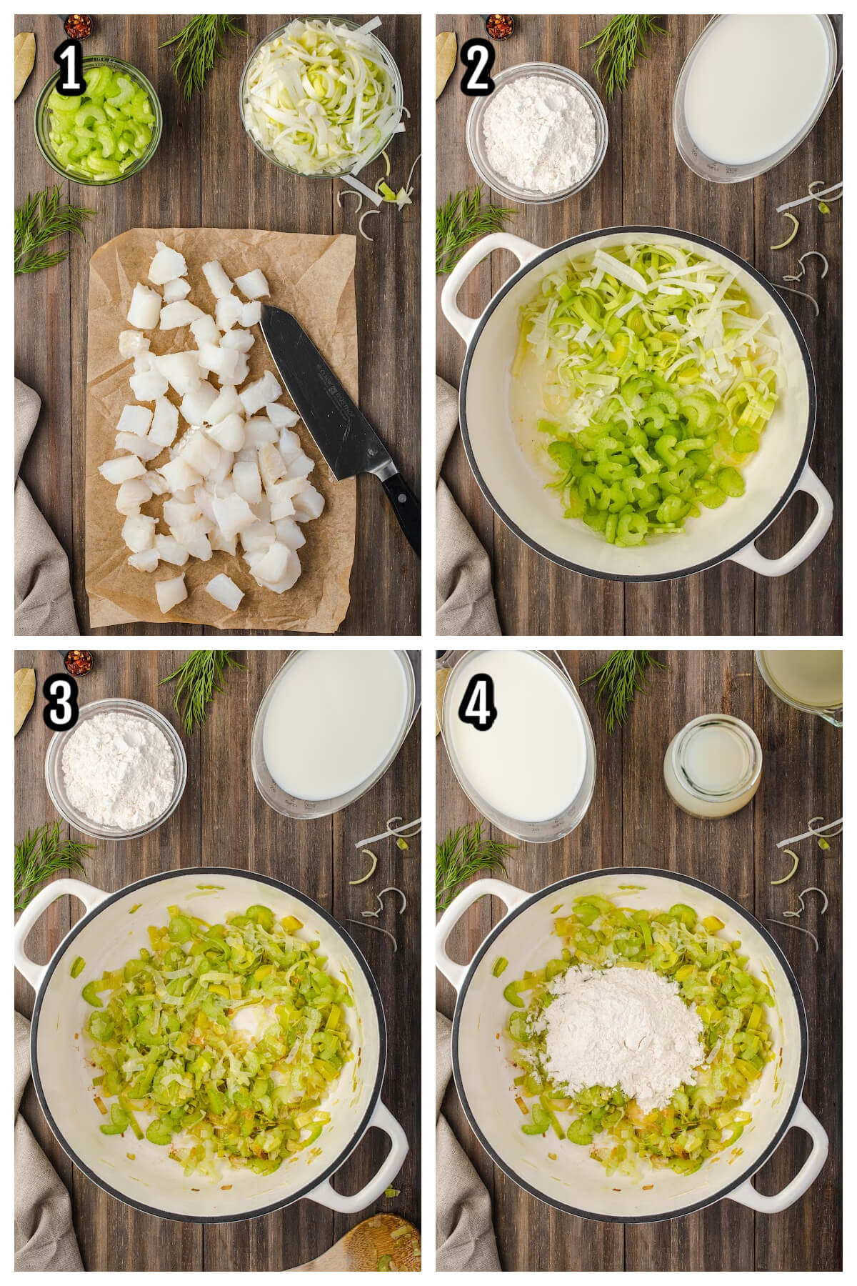 First four steps to making fish chowder with cod fillets. 