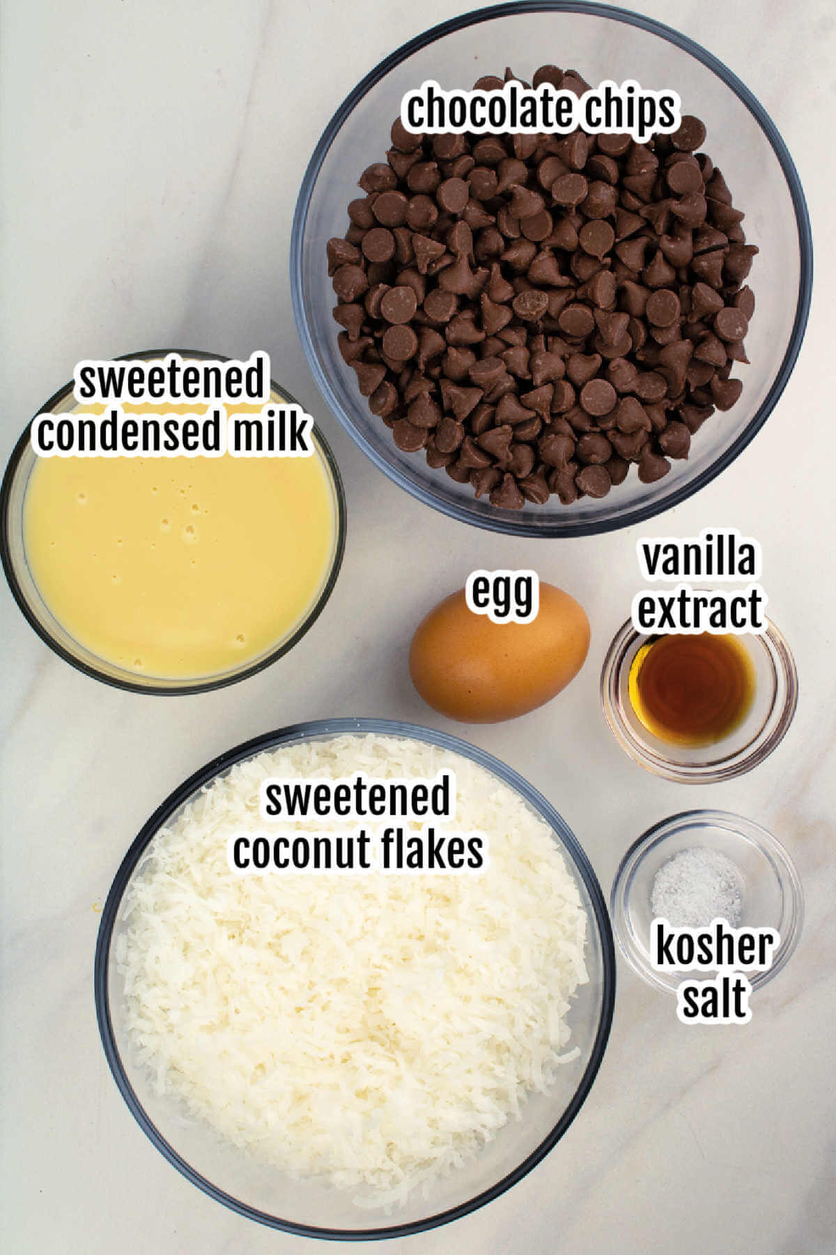 Image of the ingredients necessary to make the chocolate dipped coconut macaroon cookies. 