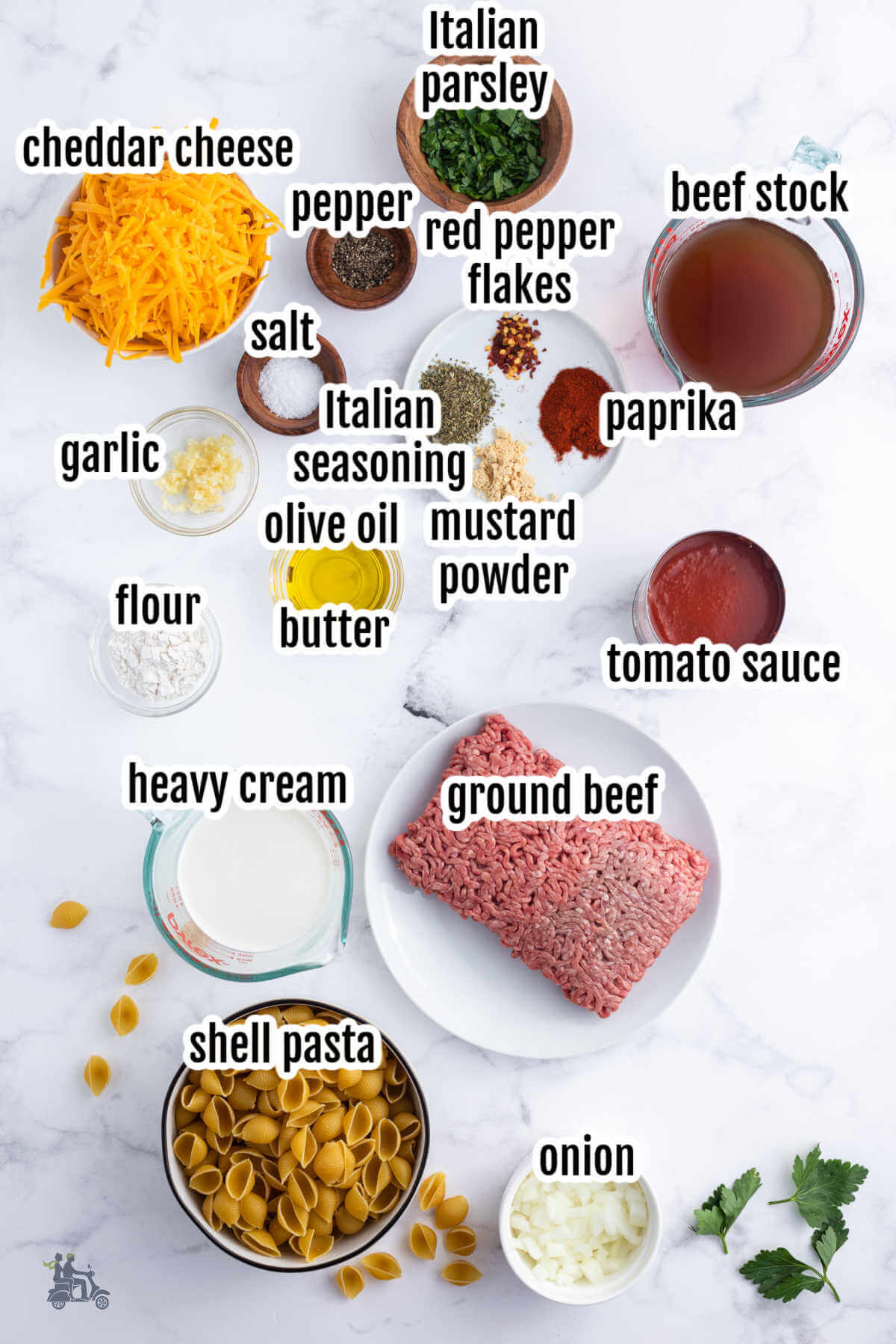 Image of the ingredients needed to make creamy tomato beef and shells. 