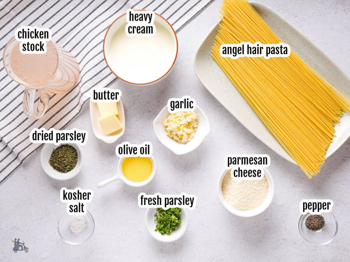 Image of the ingredients needed to make the copycat Garlic Parmesan Pasta Roni recipe. 