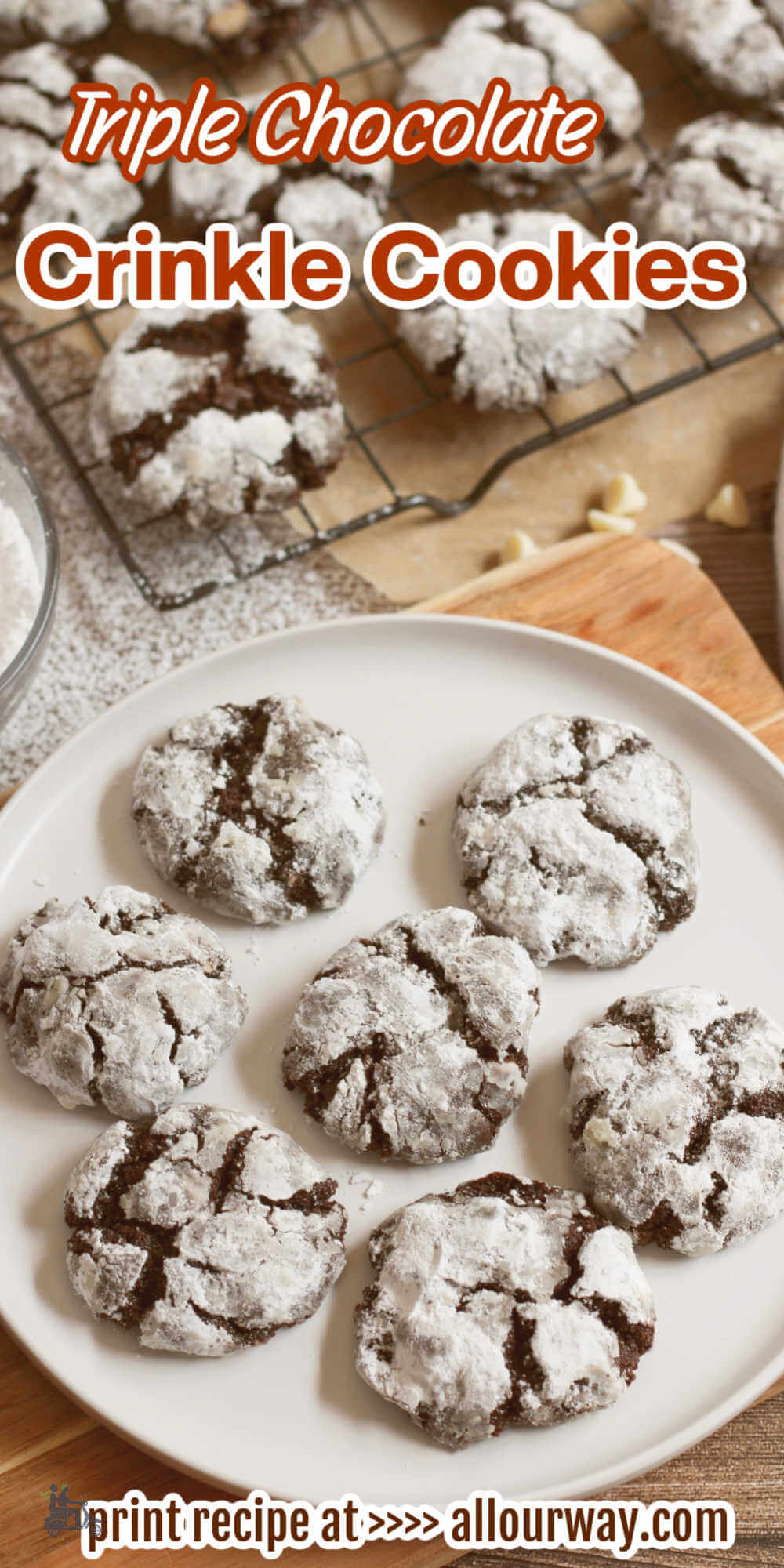 These Triple Chocolate Crinkle Cookies are made with decadent chocolate chip cookie dough, which is first chilled before rolled in powdered sugar and baked. Once baked, these cookies are cooled and sprinkled with extra powdered sugar over the cracked tops! Make them for family and friends or for your cookie swaps.