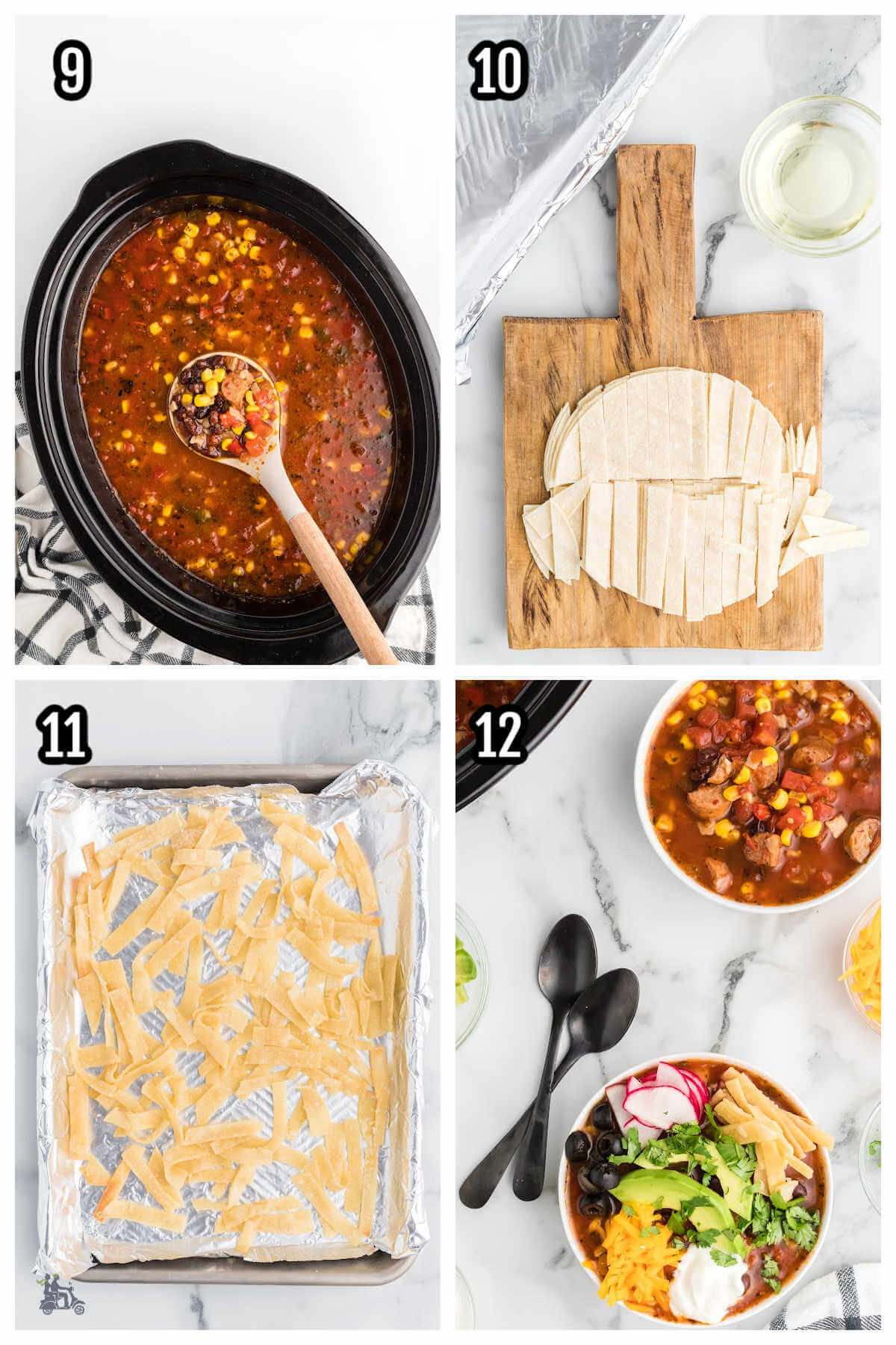 Third and final four steps to cooking the Chili's copycat Southwest chicken Soup with Tortilla chips and other garnishes on top. 