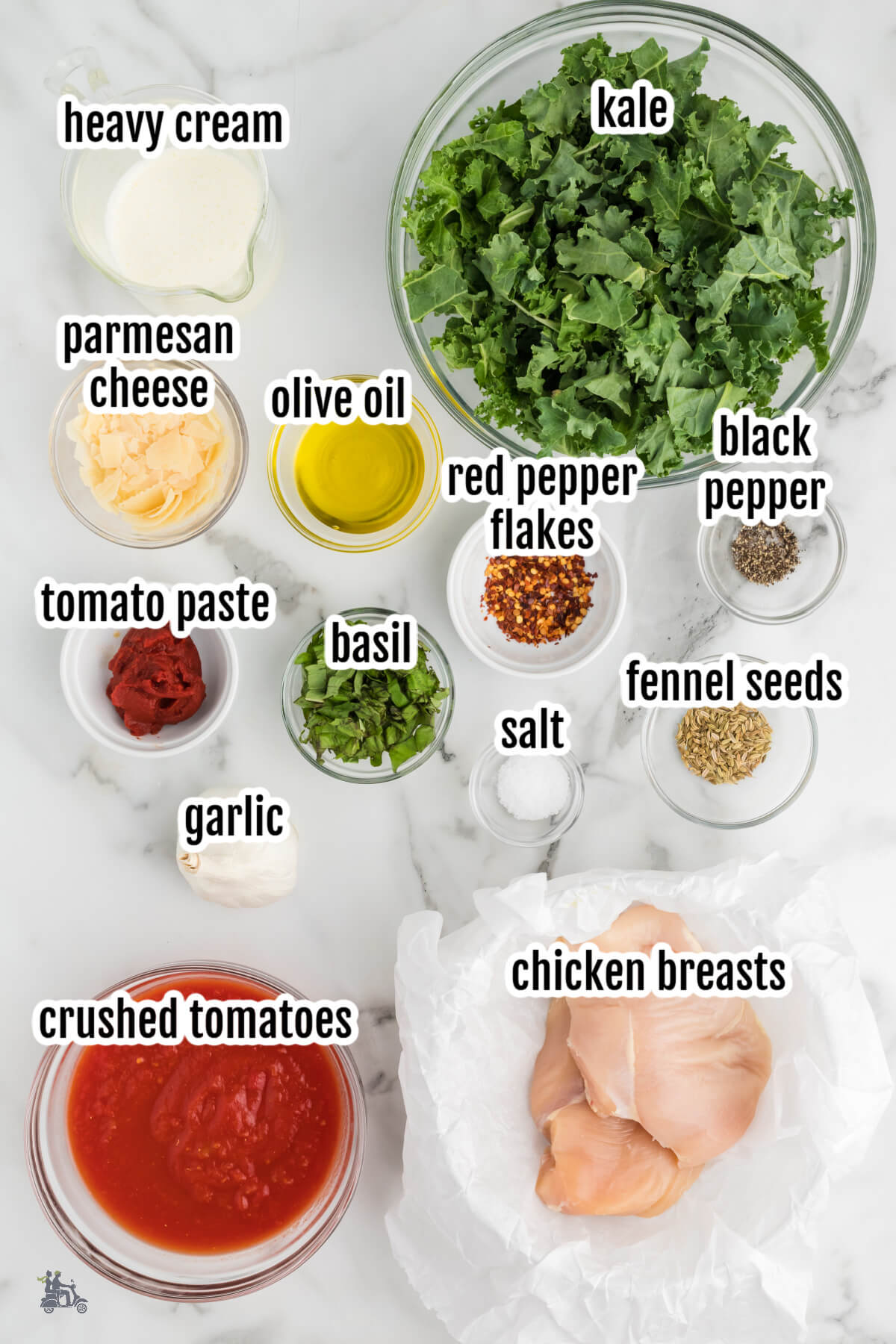 Image of the ingredients needed to make the Tuscan Chicken with creamy tomato sauce.