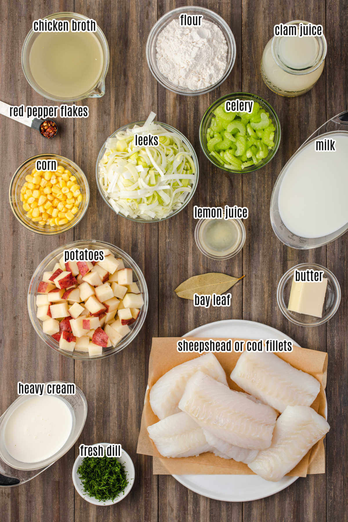 Image of the ingredients needed to make the Fish chowder using sheepshead or cod fillets. 