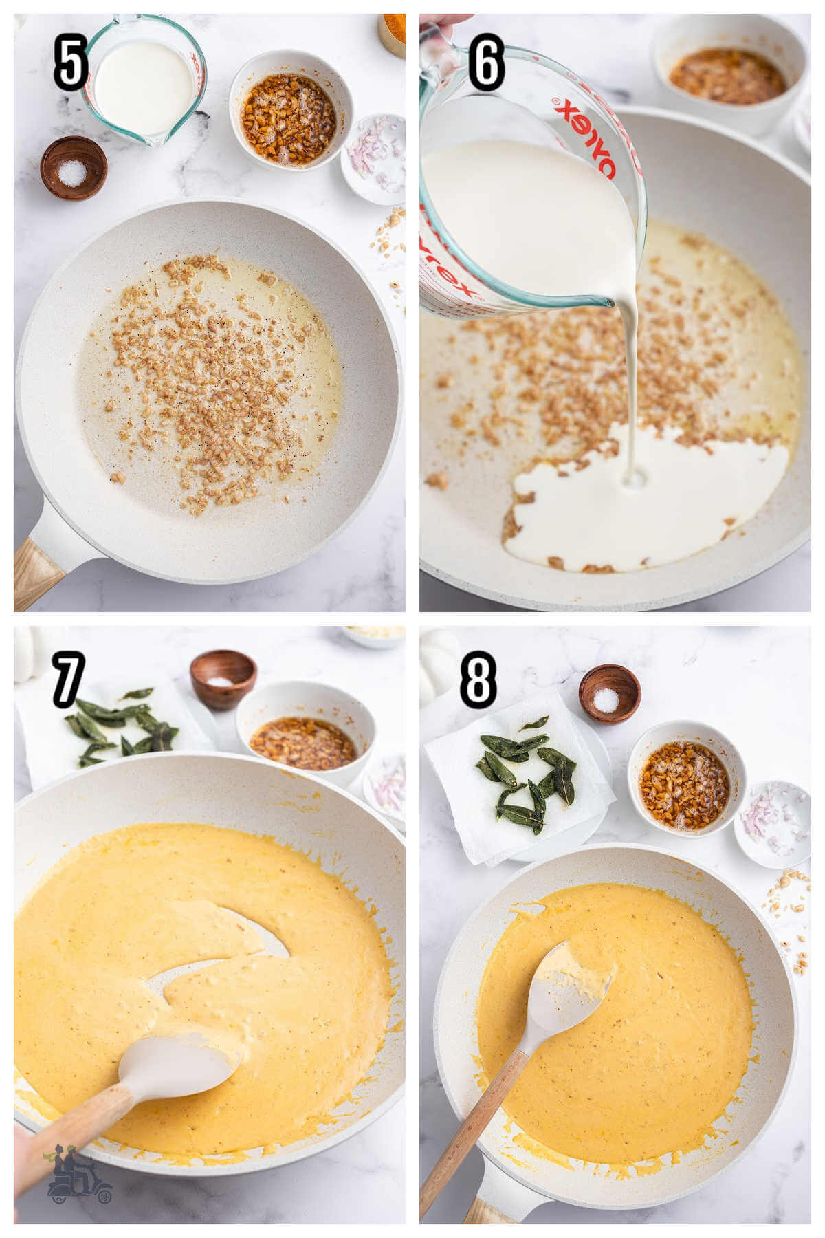 A collage with the second set of four steps to making the ravioli pasta with a pumpkin cream sauce. 