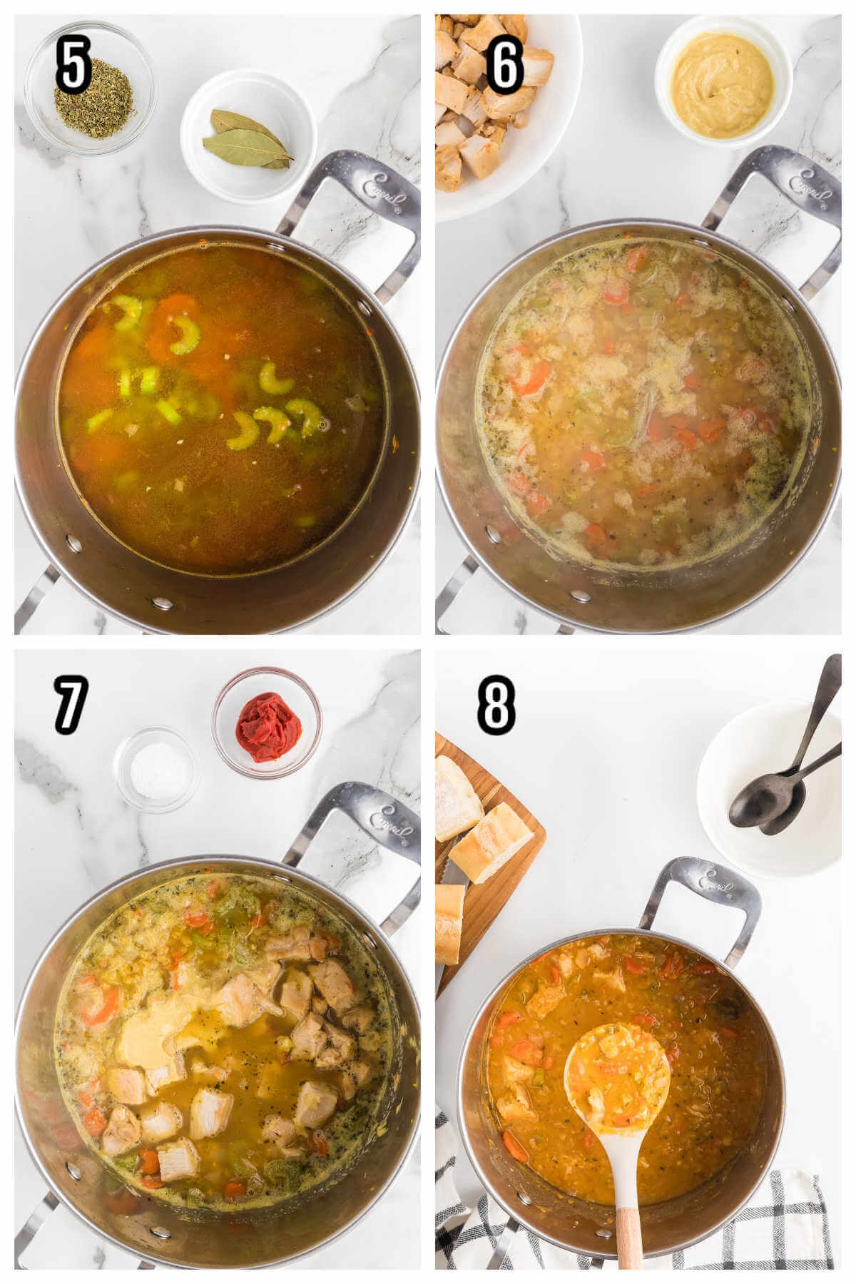 Collage of the final four steps to preparing the Chicken Red Lentil Stew. 