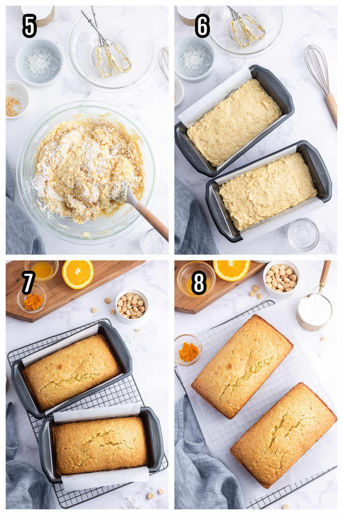 Collage of steps five to eight for preparing and baking coconut bread. 