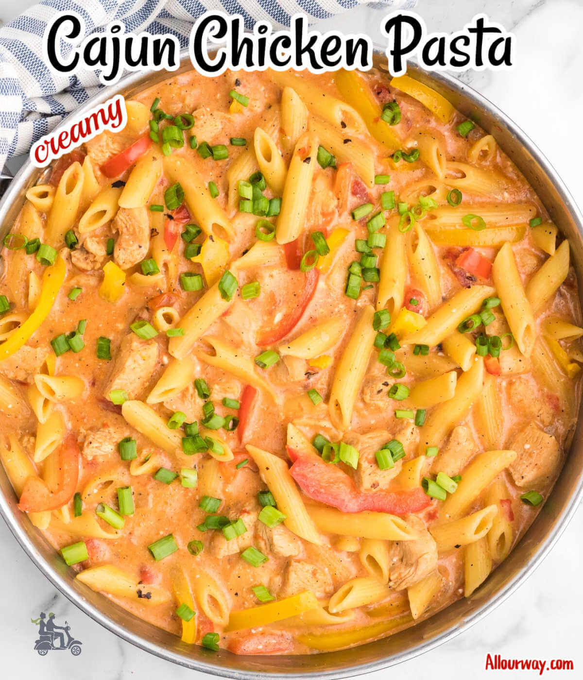 Facebook image with title overlay with a close up of a skillet filled with Cajun Chicken Pasta recipe.