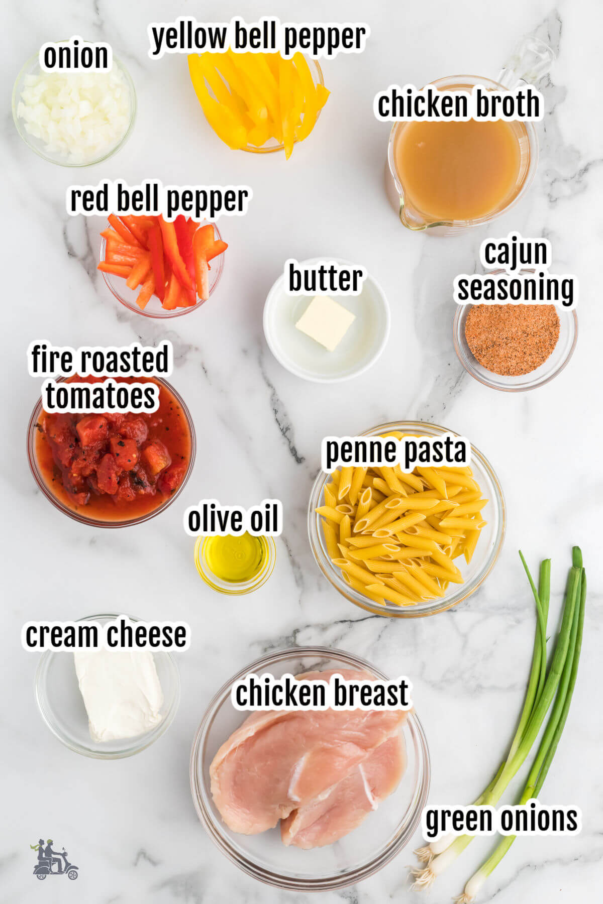 Image of the ingredients needed to make the Cajun chicken Pasta recipe. 