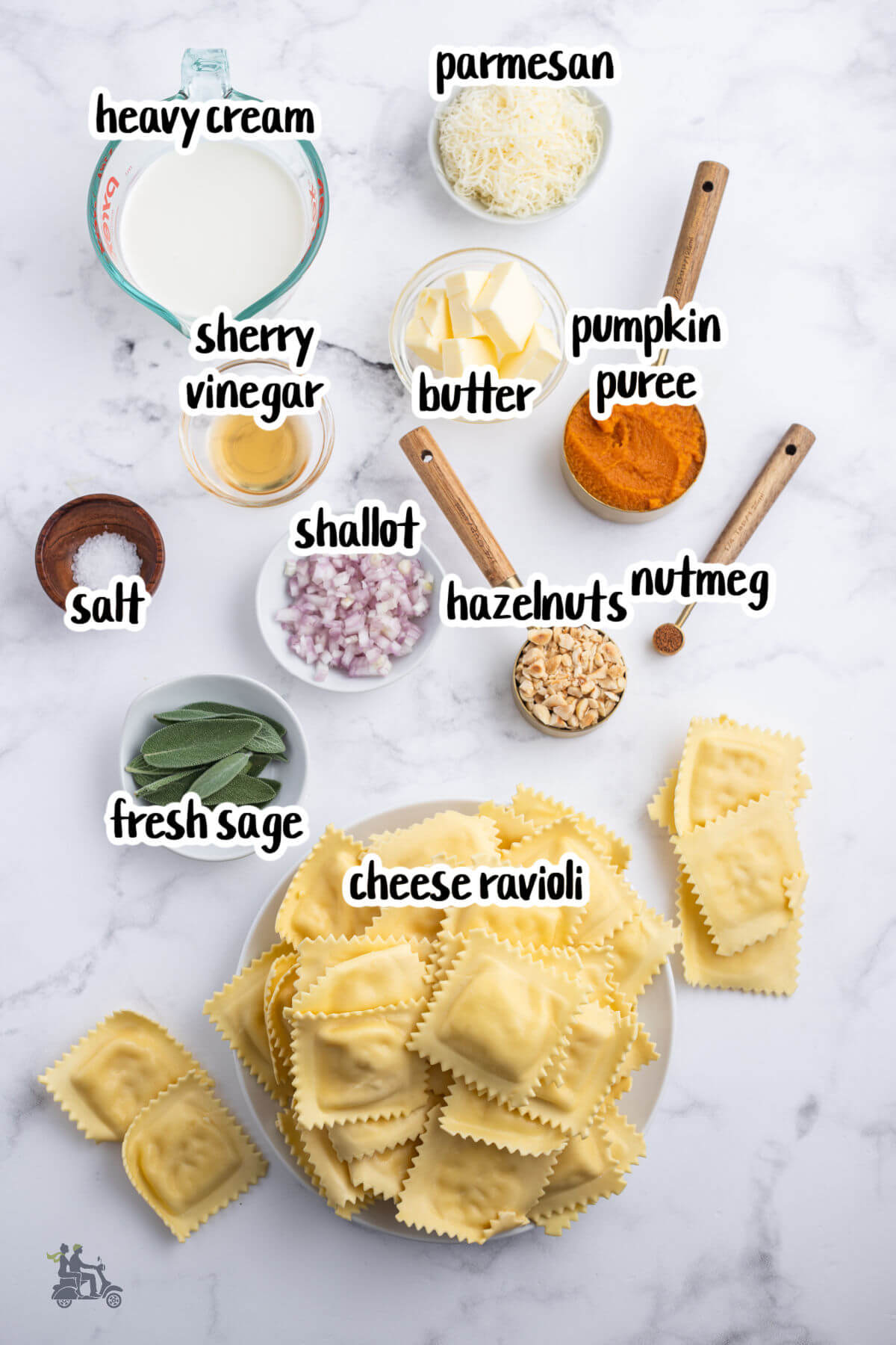 An image of the ingredients needed to make the cheese ravioli with pumpkin cream sauce recipe. 