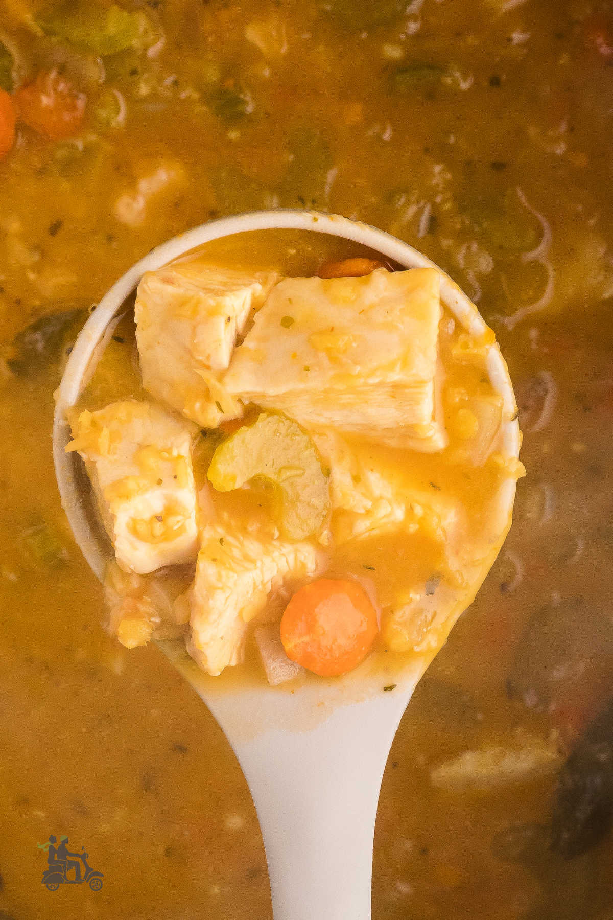 A ladle holding a bowlful of chicken lentil soup ready to serve