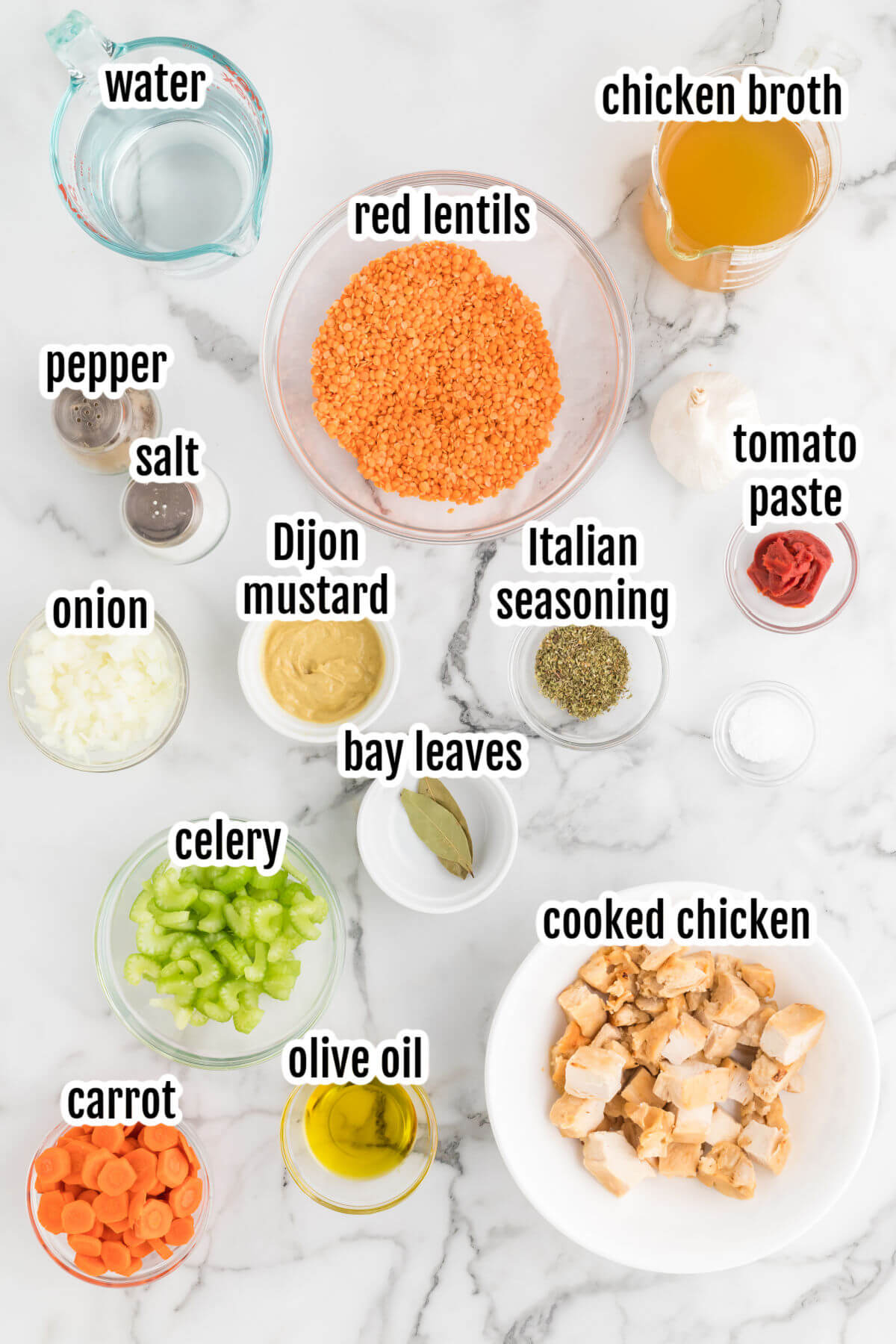 Image of all the ingredients needed to make the Chicken Lentil Soup Recipe. 