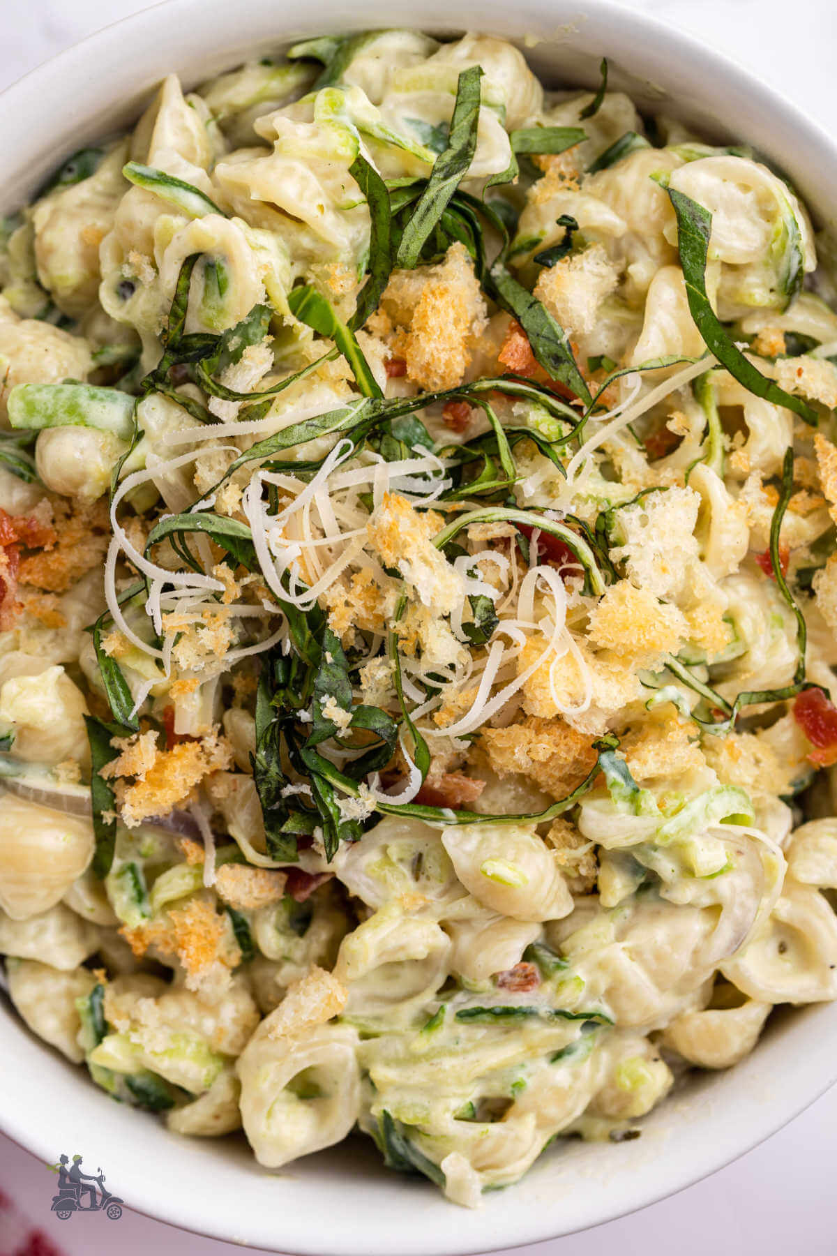 Creamy zucchini pasta sauce over shell pasta and finished with buttered bread crumbs, parmesan cheese and a sprinkle of bacon. 