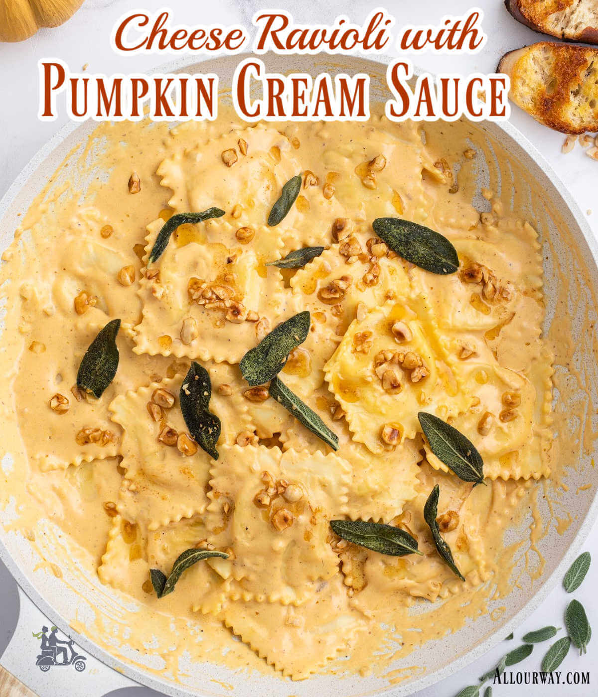 Social Media image with title overlay of Cheese Ravioli With Creamy Pumpkin Sauce.