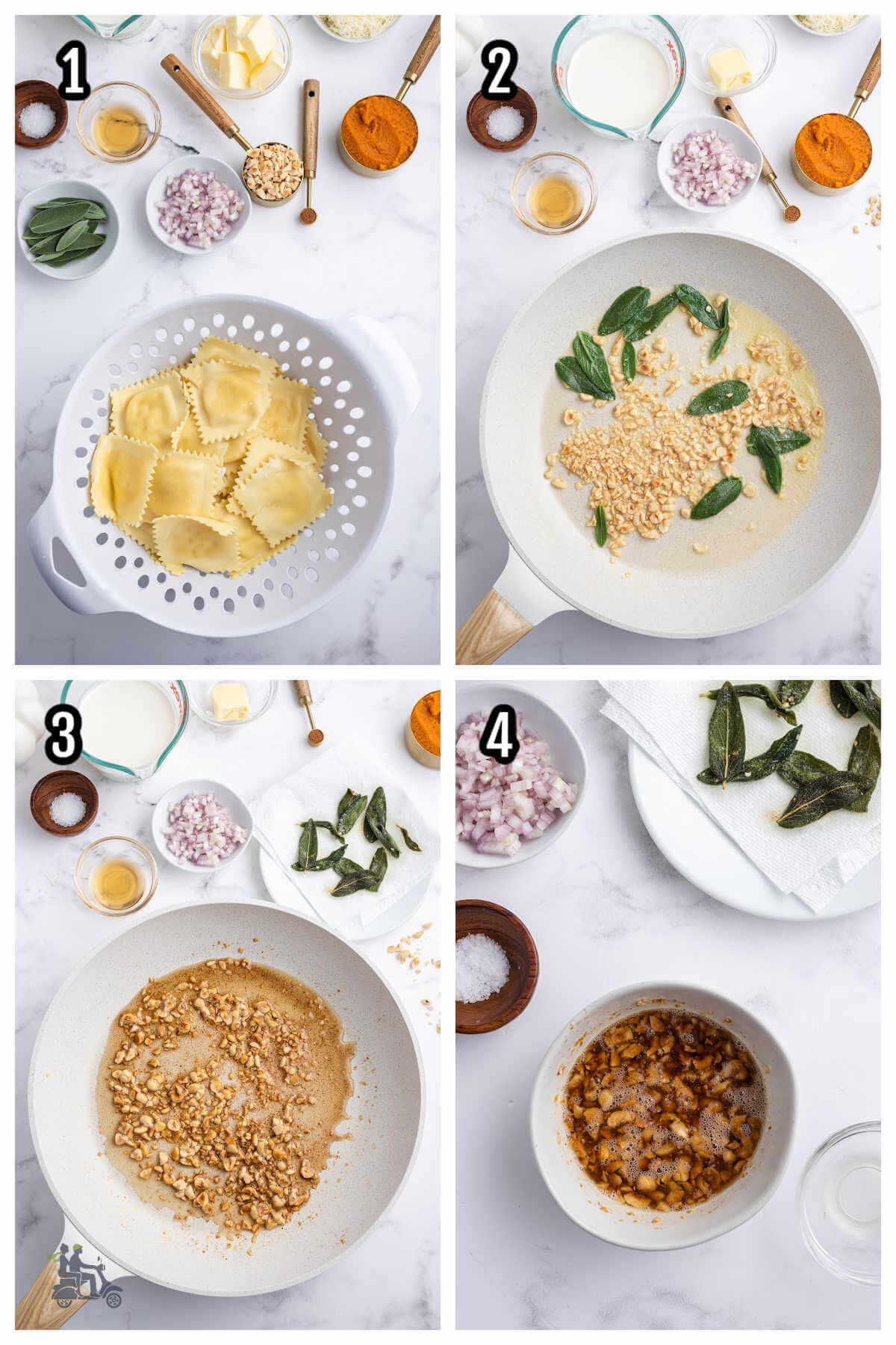 The first four steps to making the pumpkin pasta sauce with cheese ravioli. 