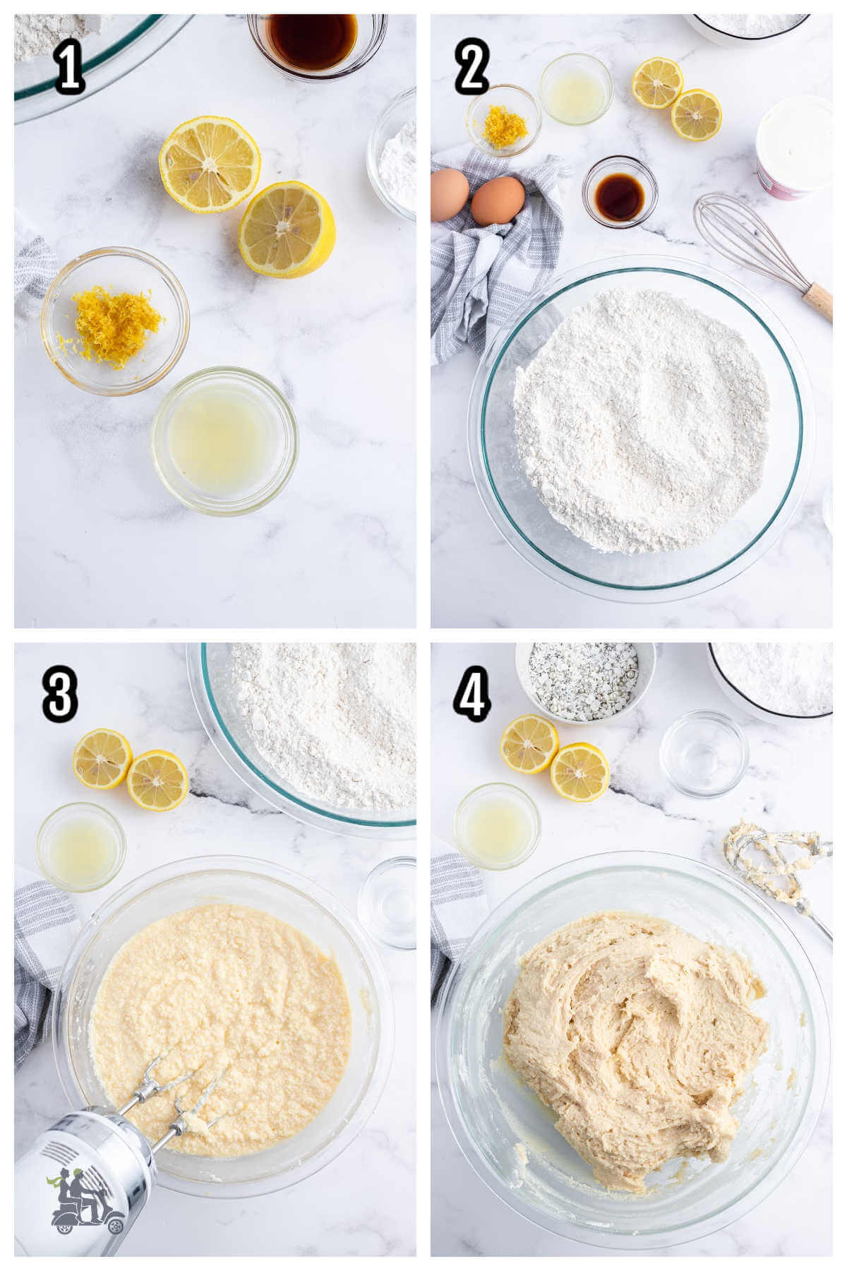 Collage of the first four steps to making the Italian Lemony Ricotta Cookies recipe. 