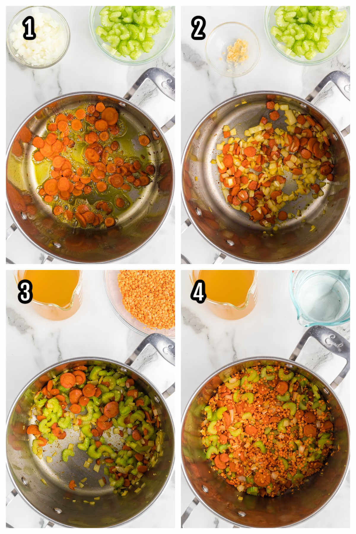 Collage of first four steps to making Chicken Lentil Stew. 