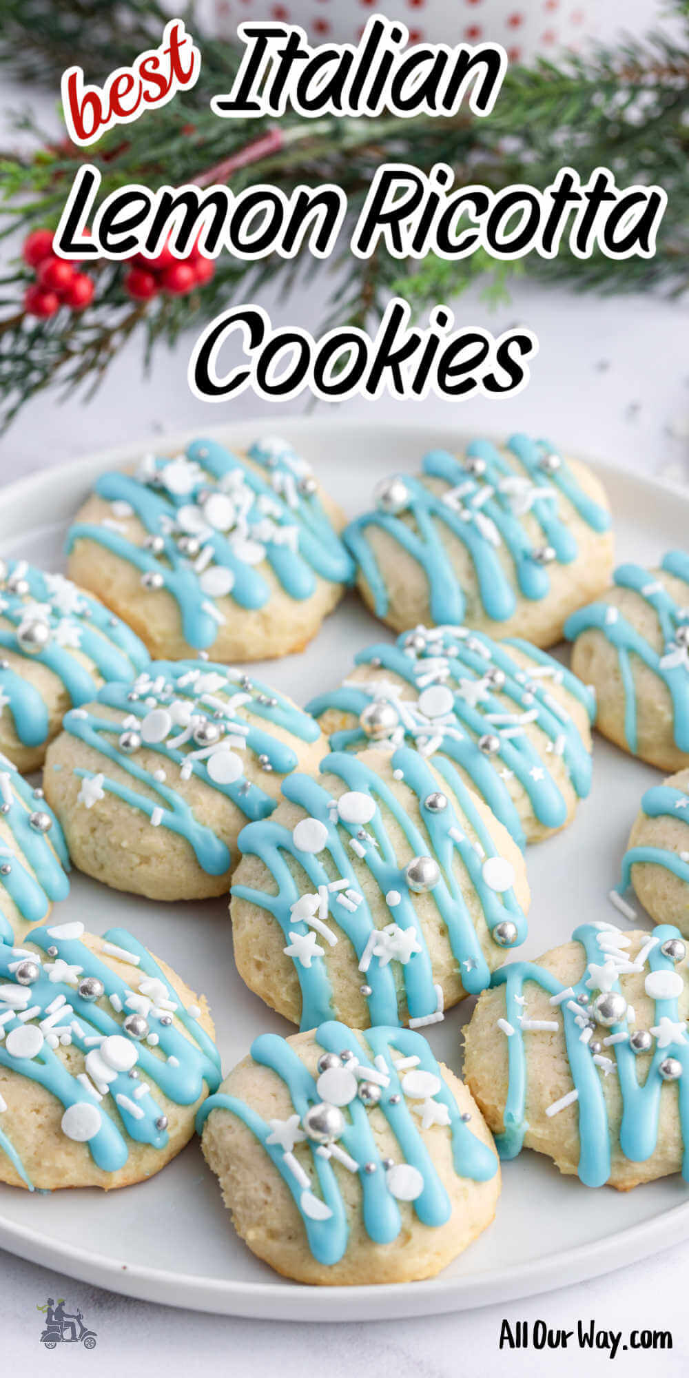 Pinterest image with title overlay for the Italian Lemon Ricotta Cookies recipe.