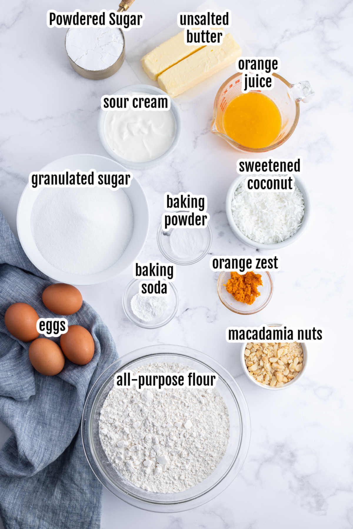 Image of the ingredients needed to make Orange Coconut Bread Recipe. 