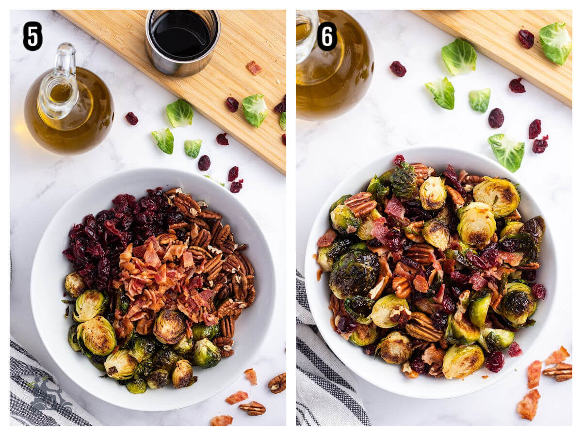 Steps Five and Six to making the Holiday Vegetable side dish of Caramelized Brussels Sprouts with bacon.
