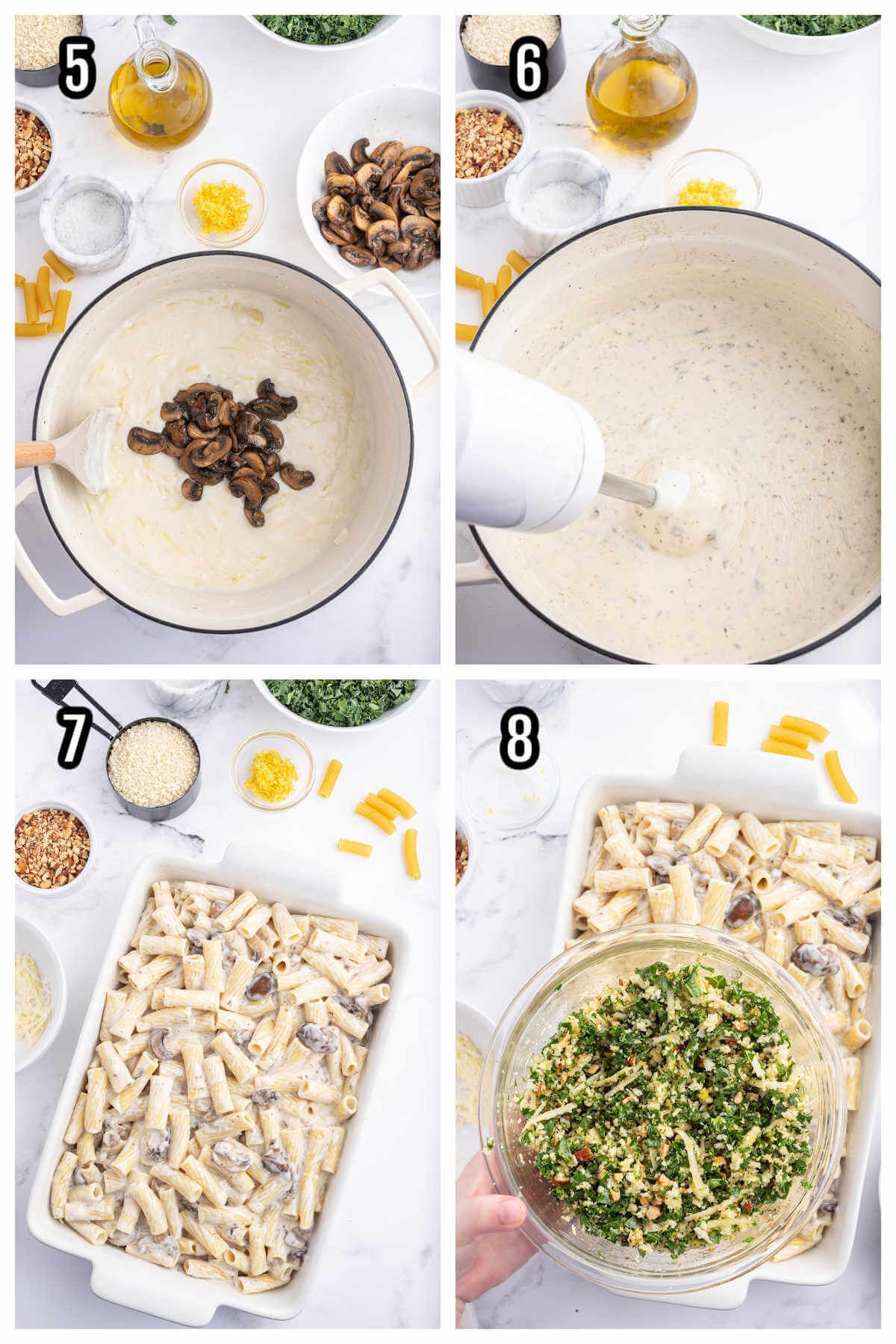 Collage of the second set of four steps to making the Rigatoni with Mushroom Bake. 