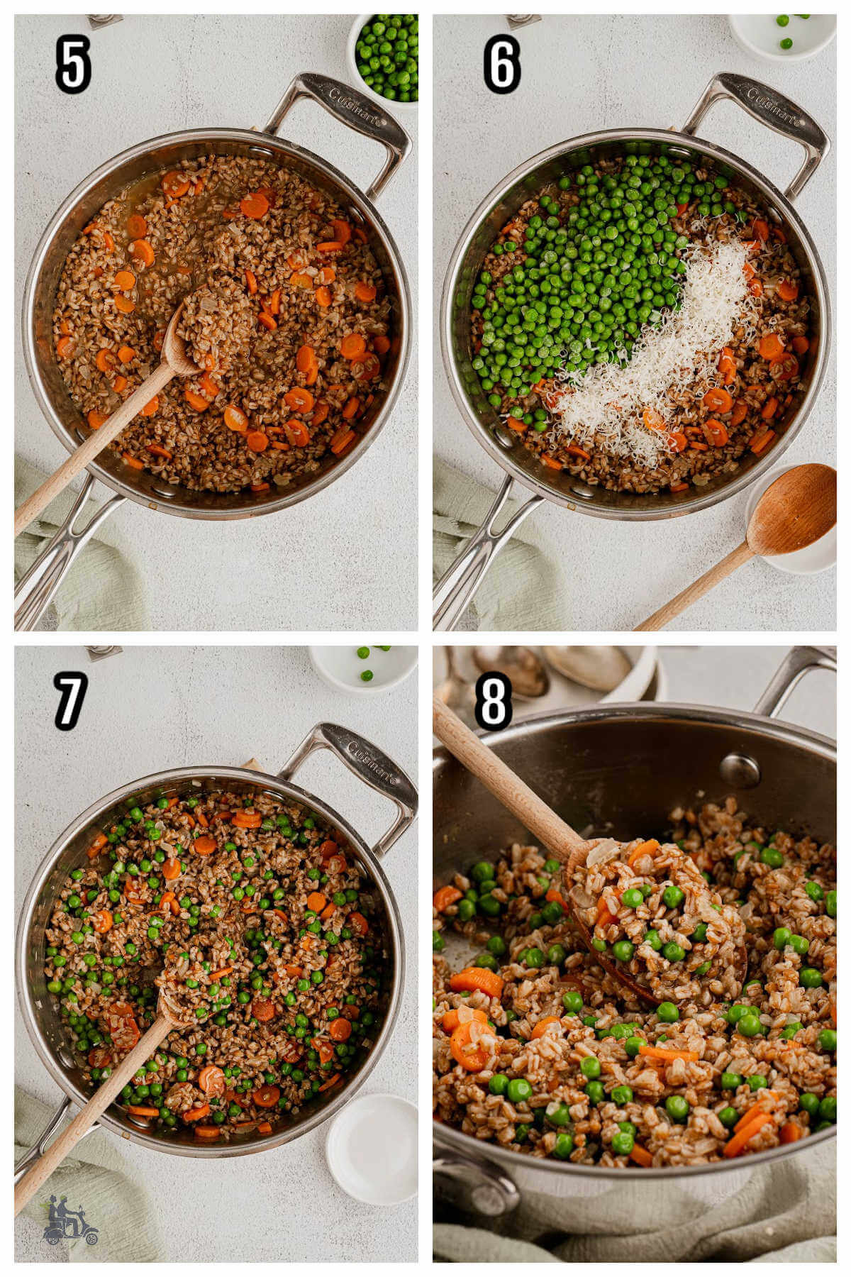 Collage of the final four steps to making the Risi e Bisi with Farro and peas. 