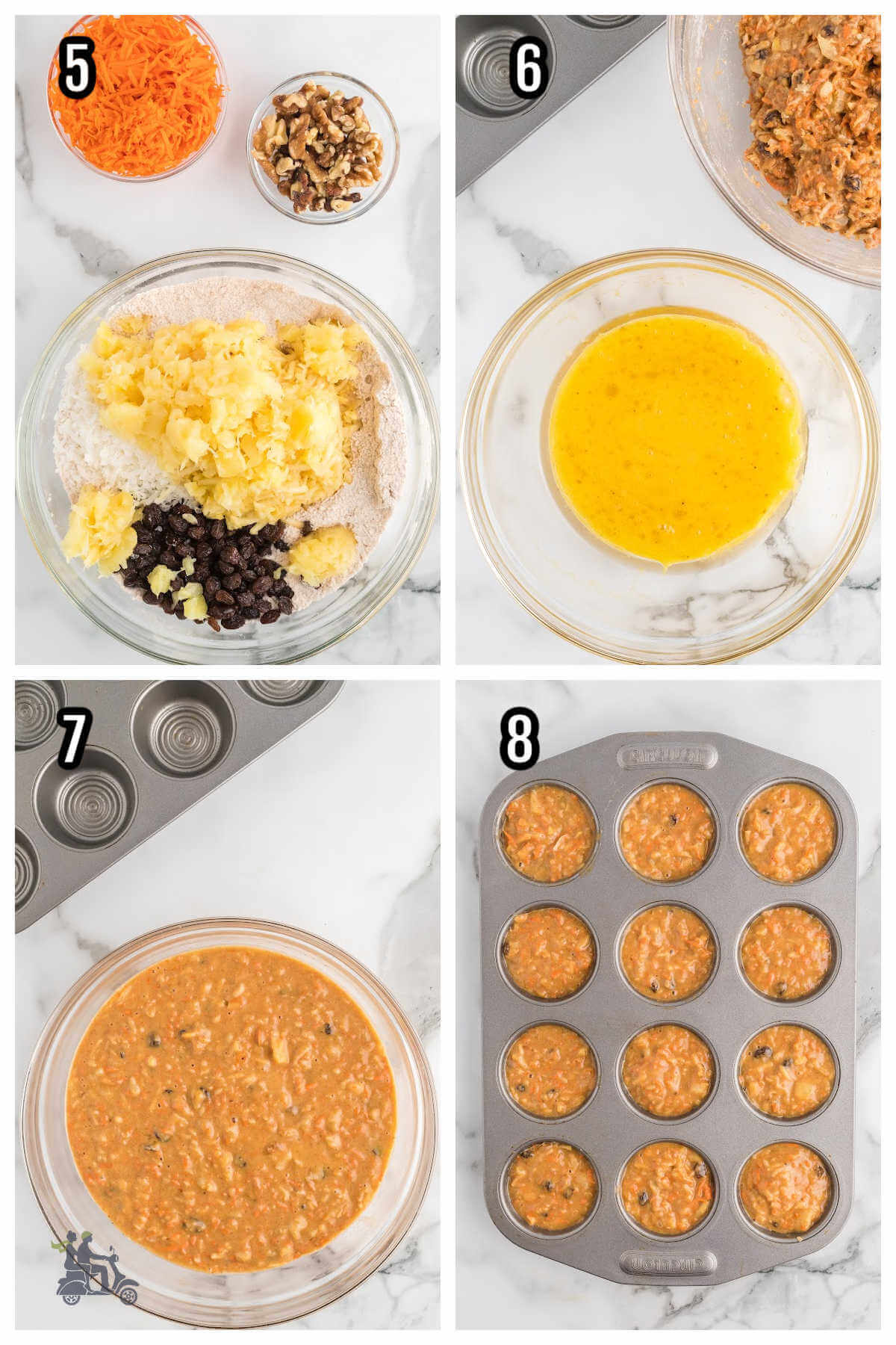 Collage of the second set of four steps to making the healthy fruit and nut breakfast muffins. 