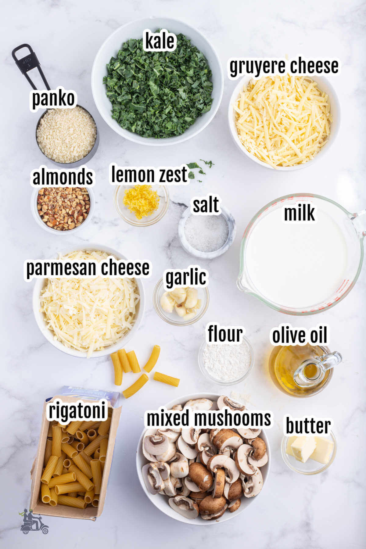 Image of the ingredients needed for the baked mushroom rigatoni with kale gremolata. 