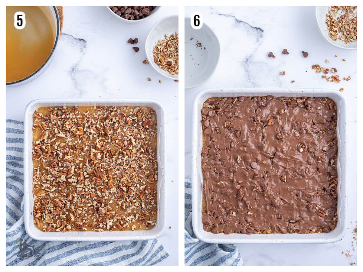 Collage of last two steps to making the Shortbread Chocolate Pecan Bars.