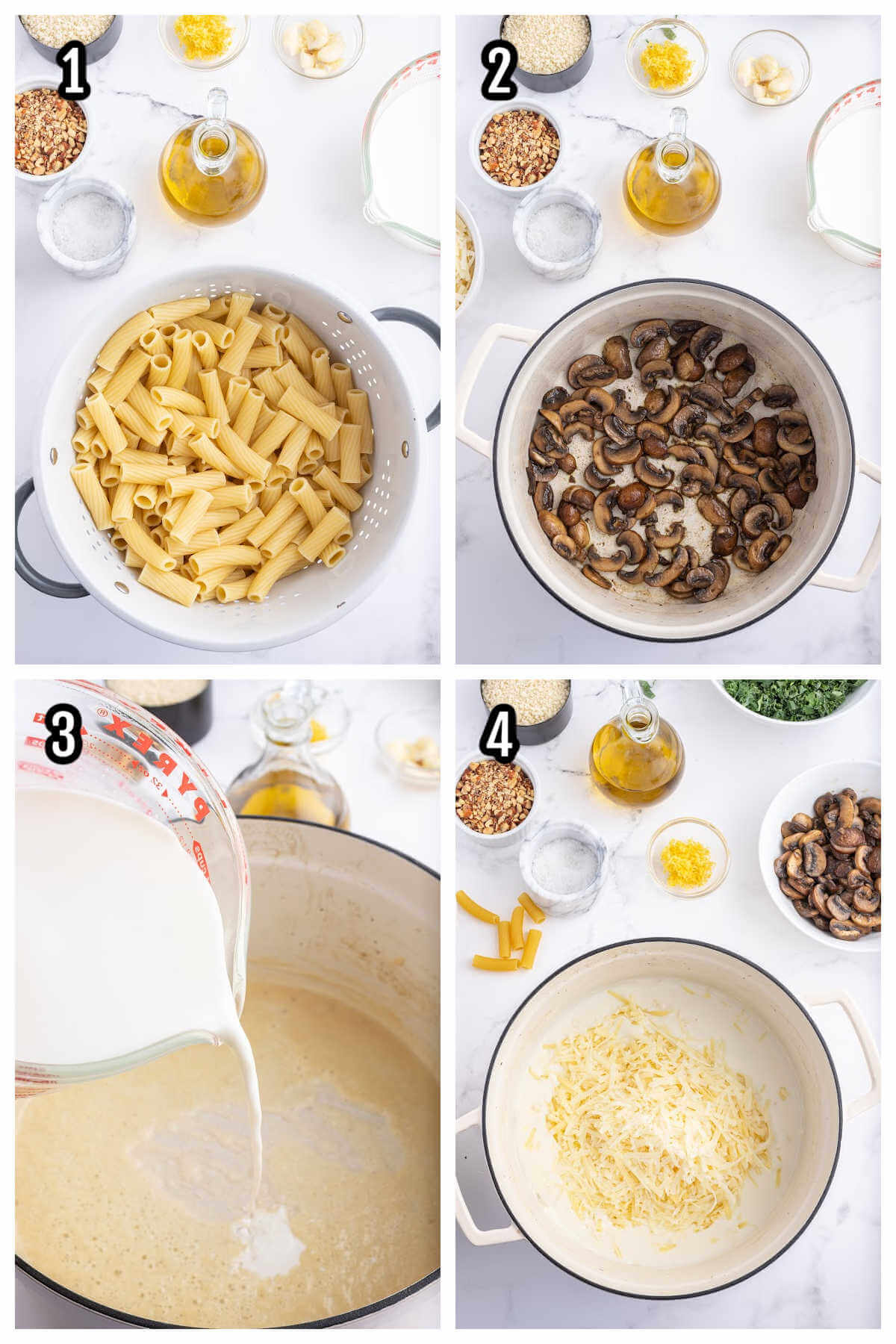 Collage of the first four steps to making the baked mushroom pasta recipe. 