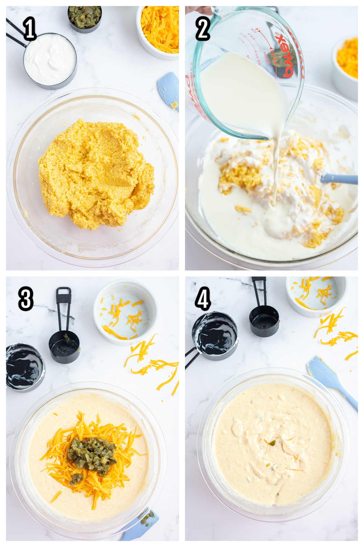 The first four steps to assembling the Jiffy Cornbread muffin mix. 