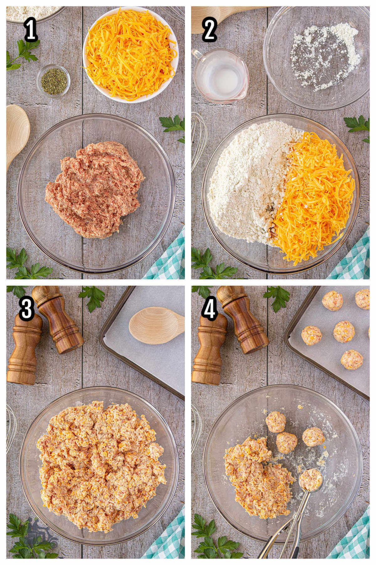 Collage of the first four steps to making the Bisquick appetizer with sausage and cheese. 