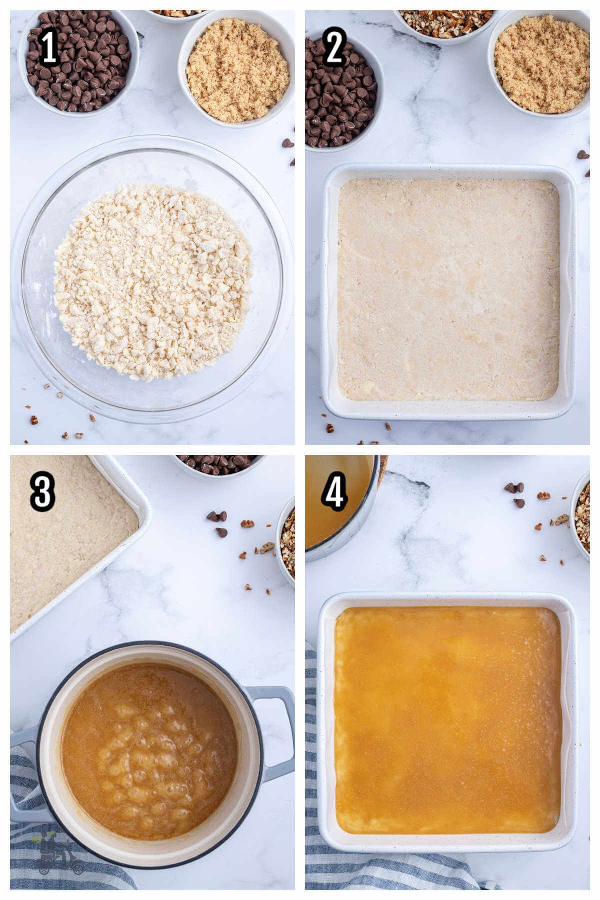 Collage of first four steps to making the Caramel Pecan Bar Cookies. 