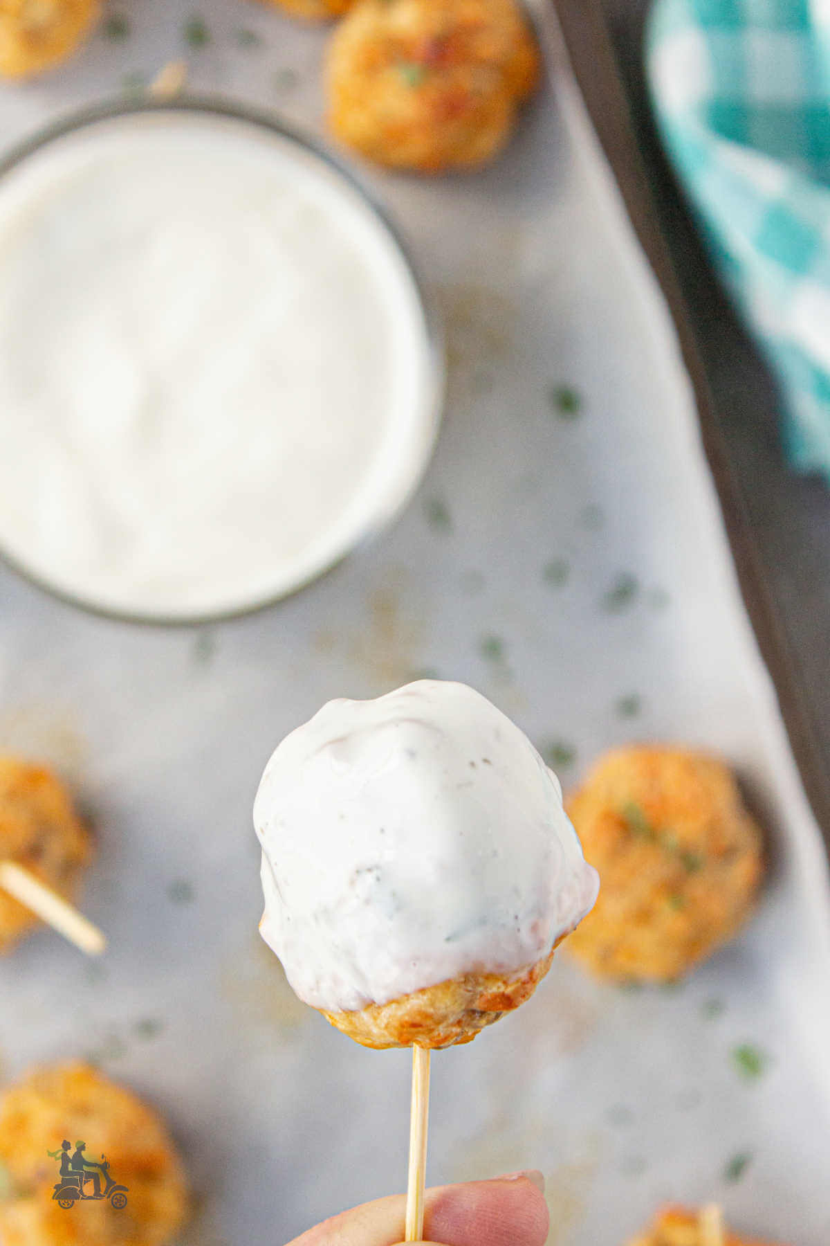 A sausage ball dipped in Ranch Dressing makes a great party appetizer. 