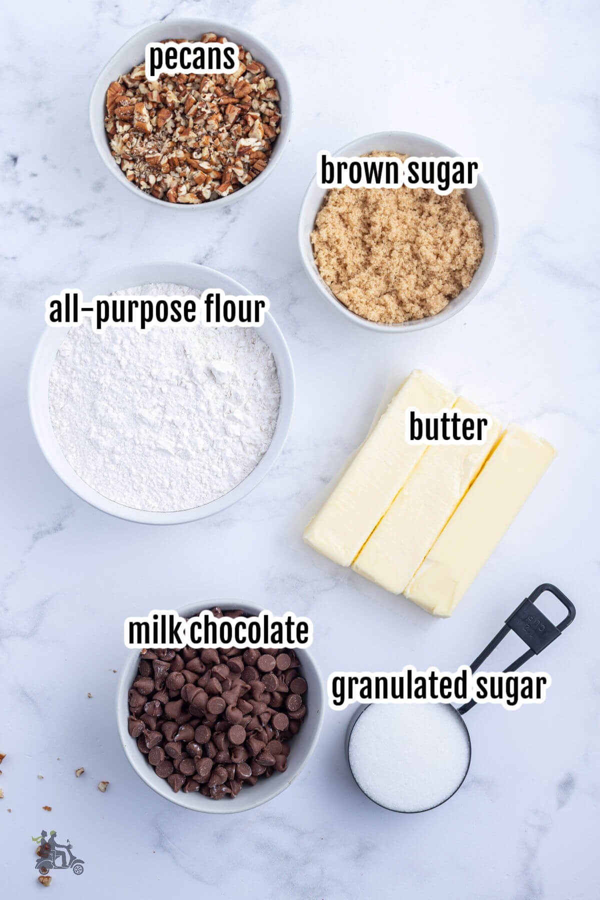 Image of the ingredients needed for making the Turtle Caramel Pecan Bars. 