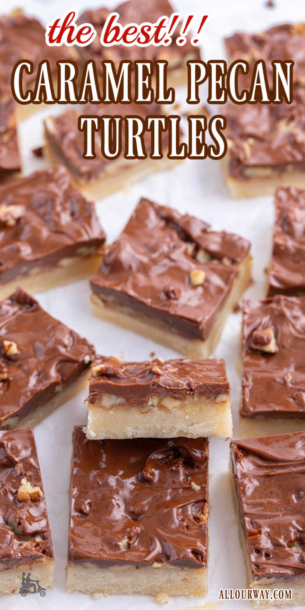 Pinterest image with title overlay for Turtle Caramel Pecan Bar cookie recipe.