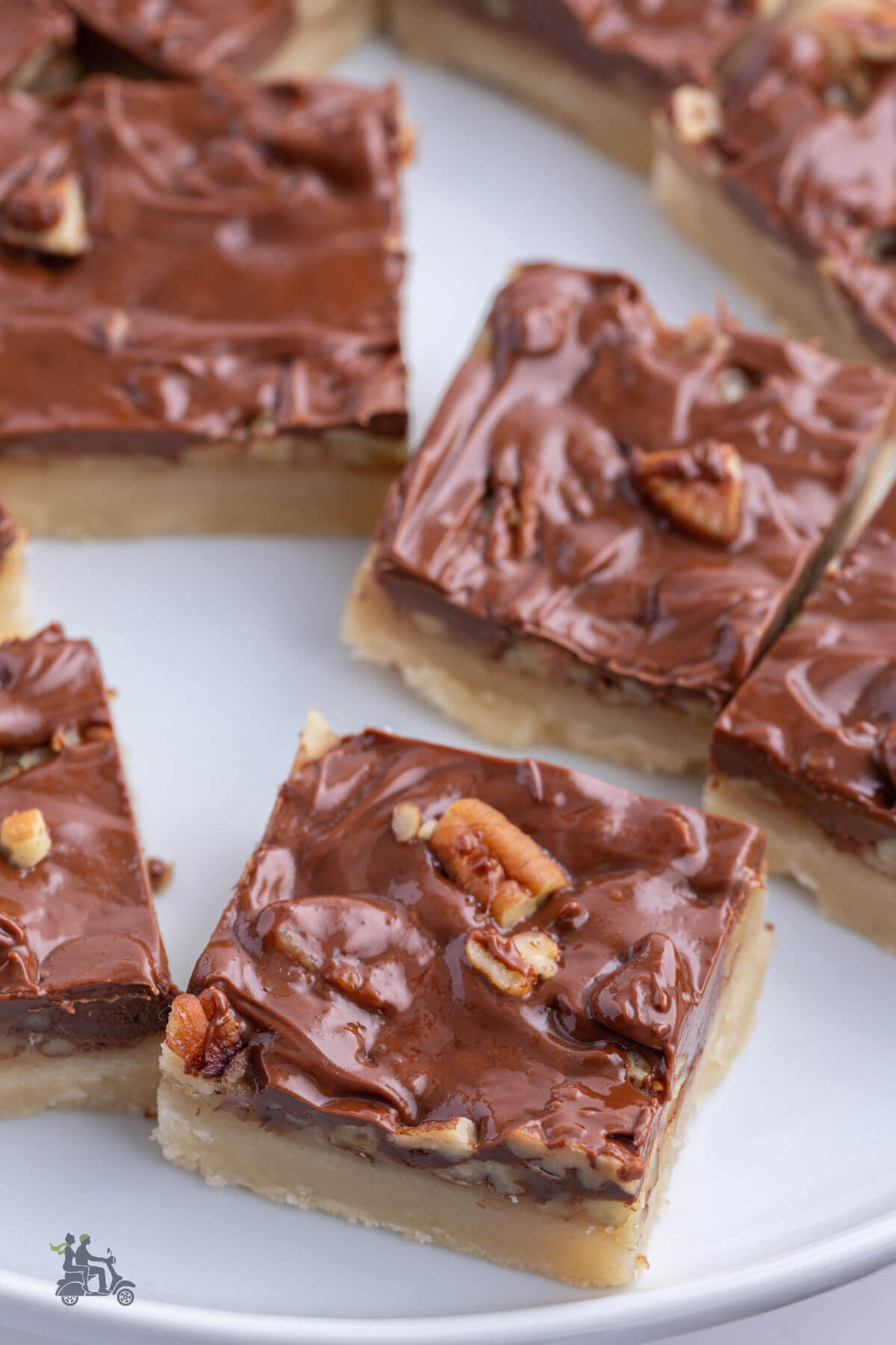 Overhead view of milk chocolate covered turtle caramel pecan bars on a white plate. 