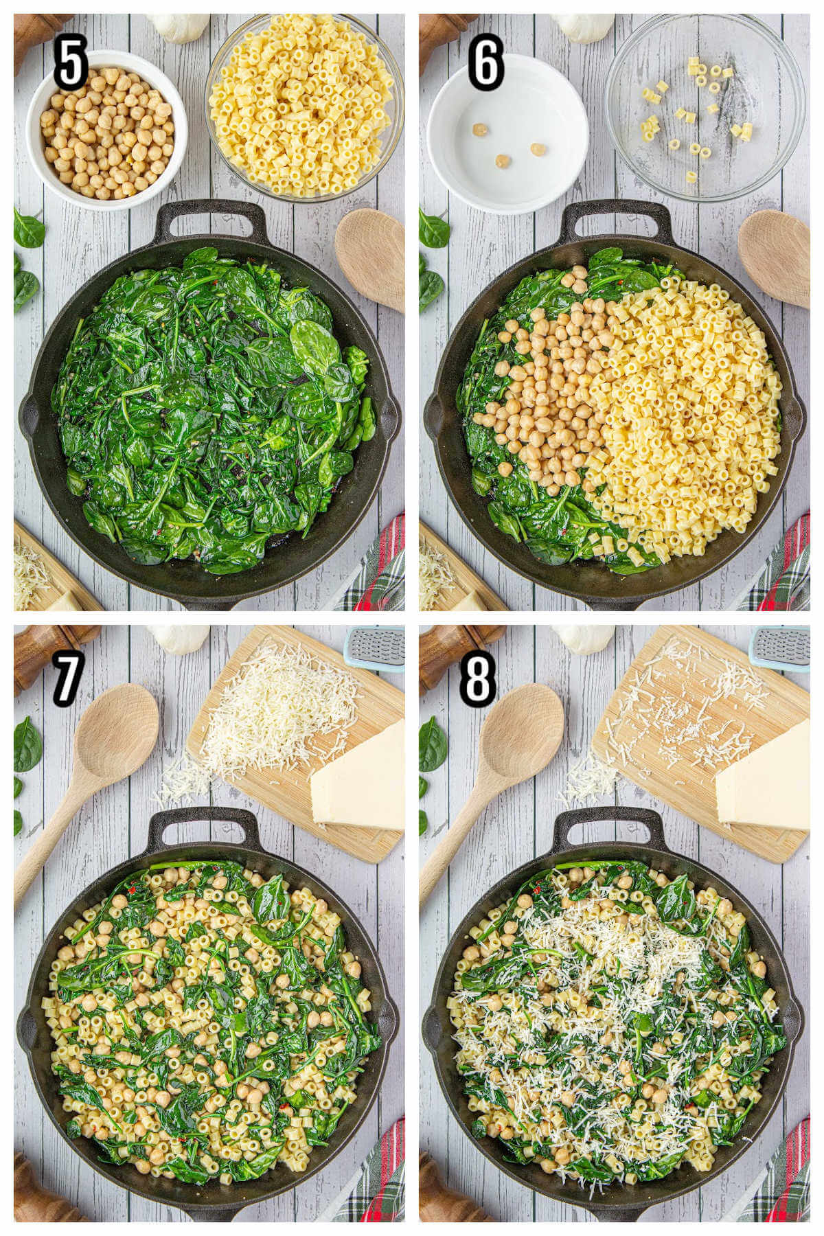 Collage of steps five to eight for making the pasta with garbanzo beans or chickpeas. 