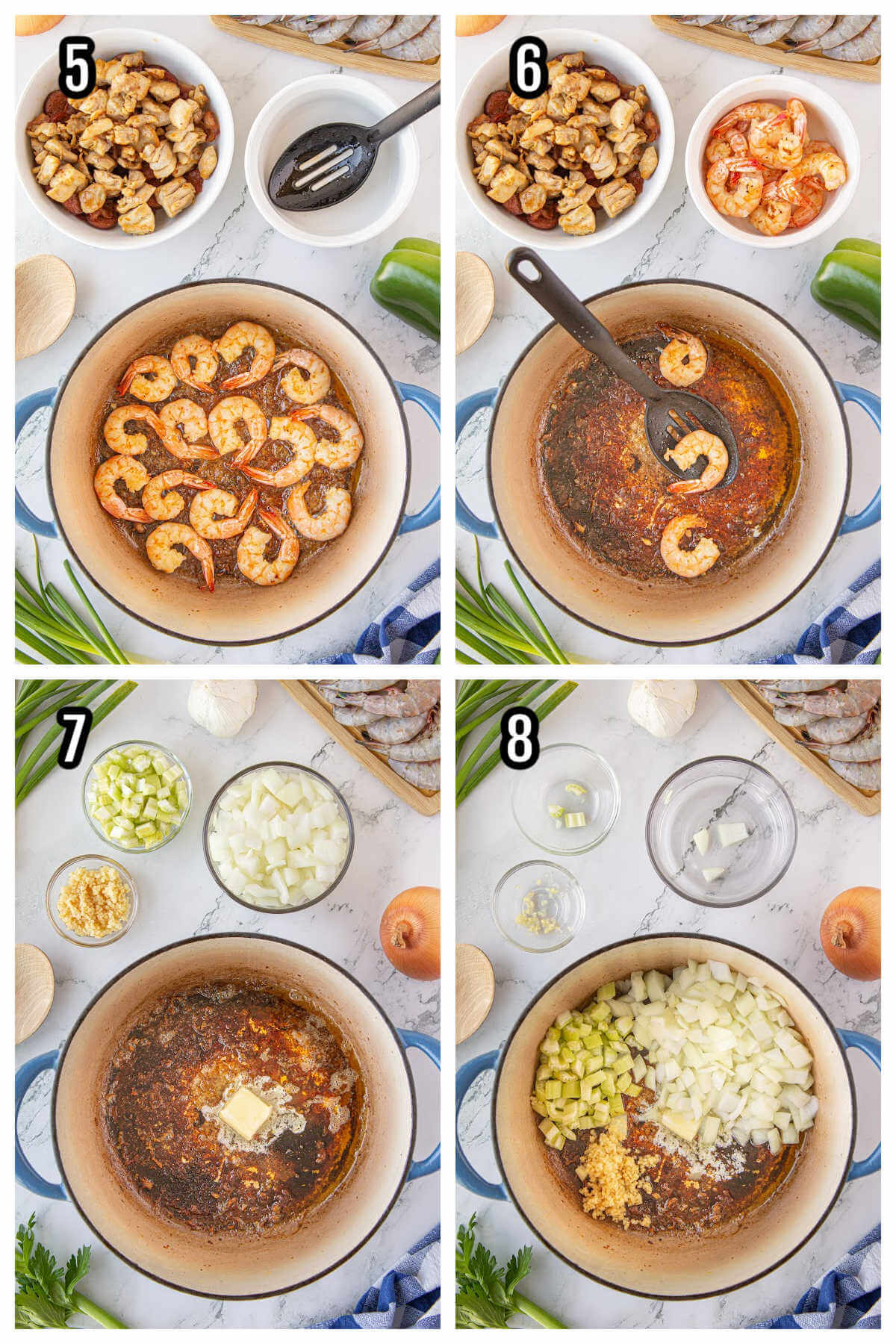 Collage of second set of four steps to assembling the recipe for Jambalaya. 