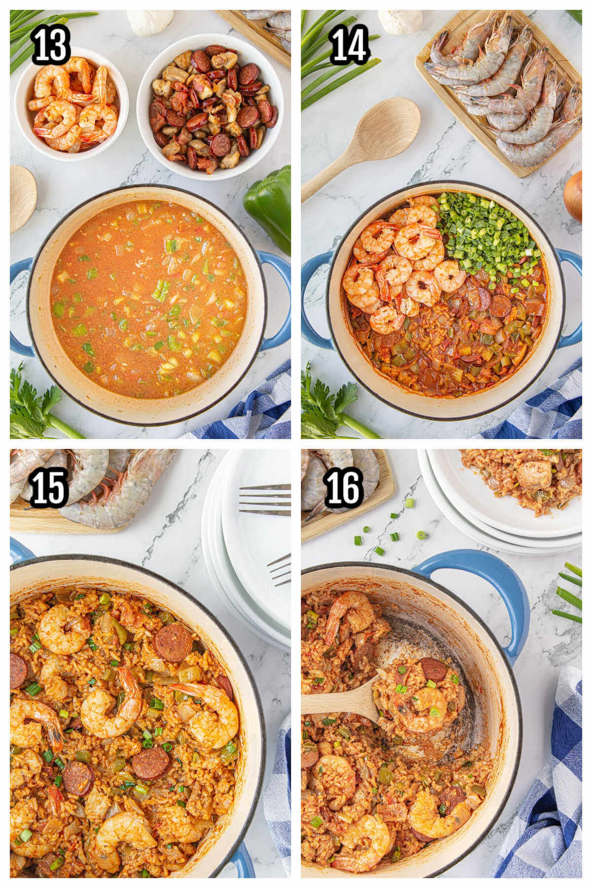 Collage of the final four steps to baking the Jambalaya to finish it off. 