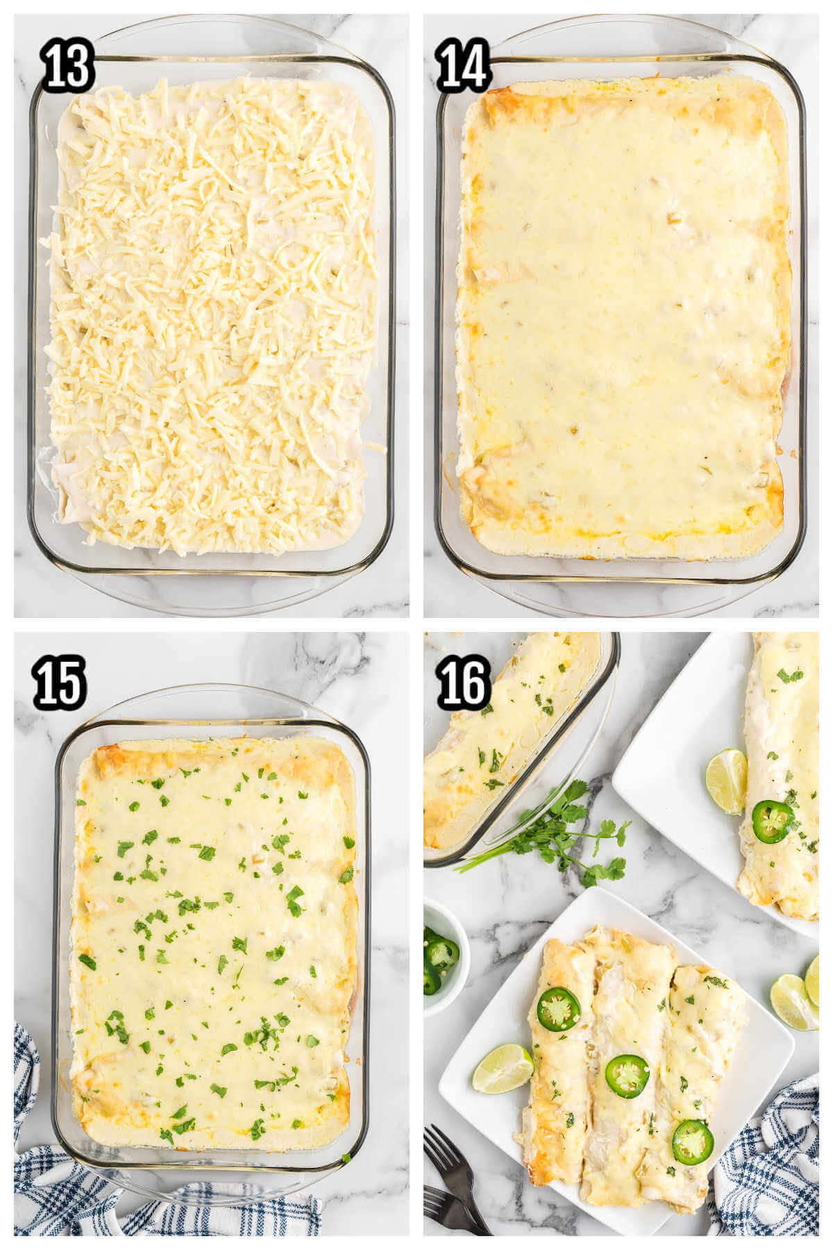 4th and final collage of the steps to cooking the shrimp enchiladas and plating them.