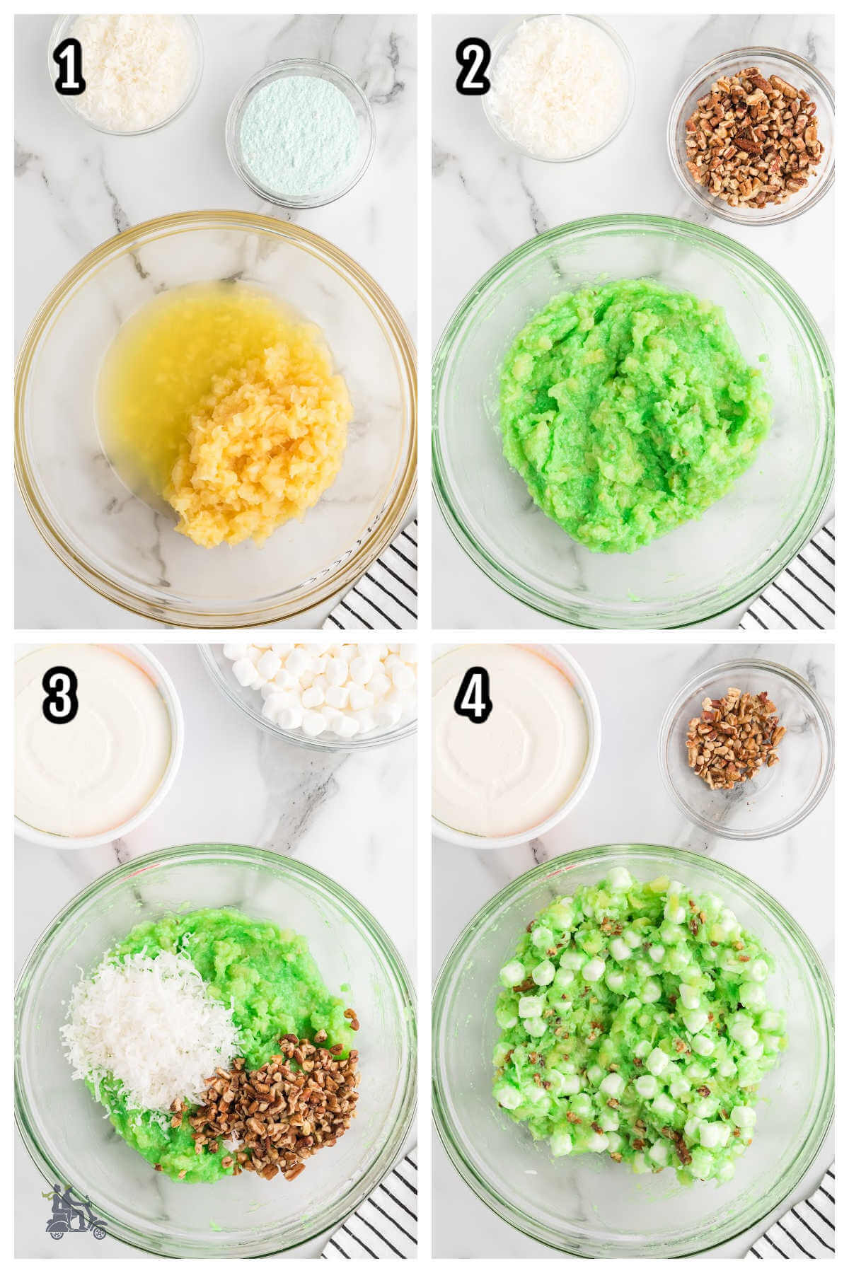 Collage of first four steps to assembling the Watergate Salad