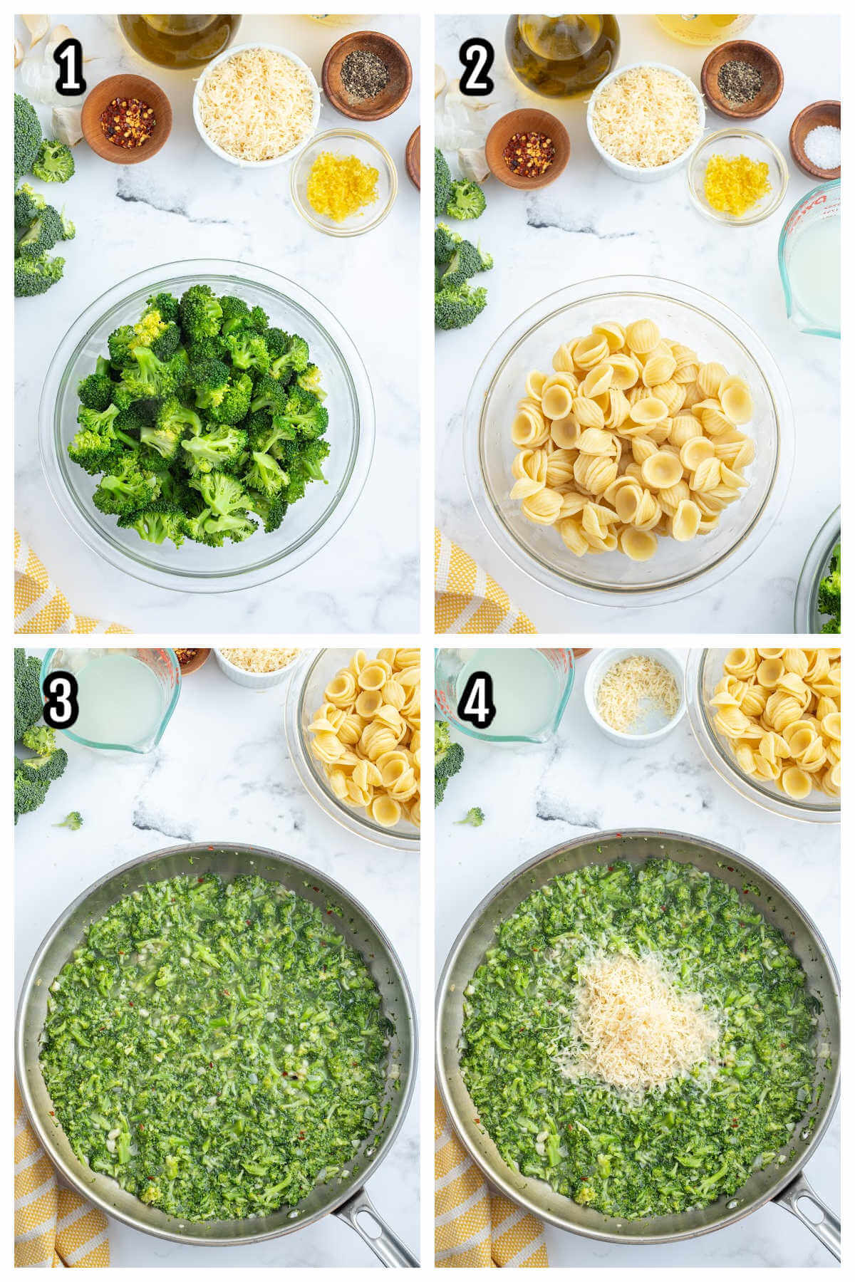 Collage of the first four steps to making the Cheese and broccoli Pasta recipe. 
