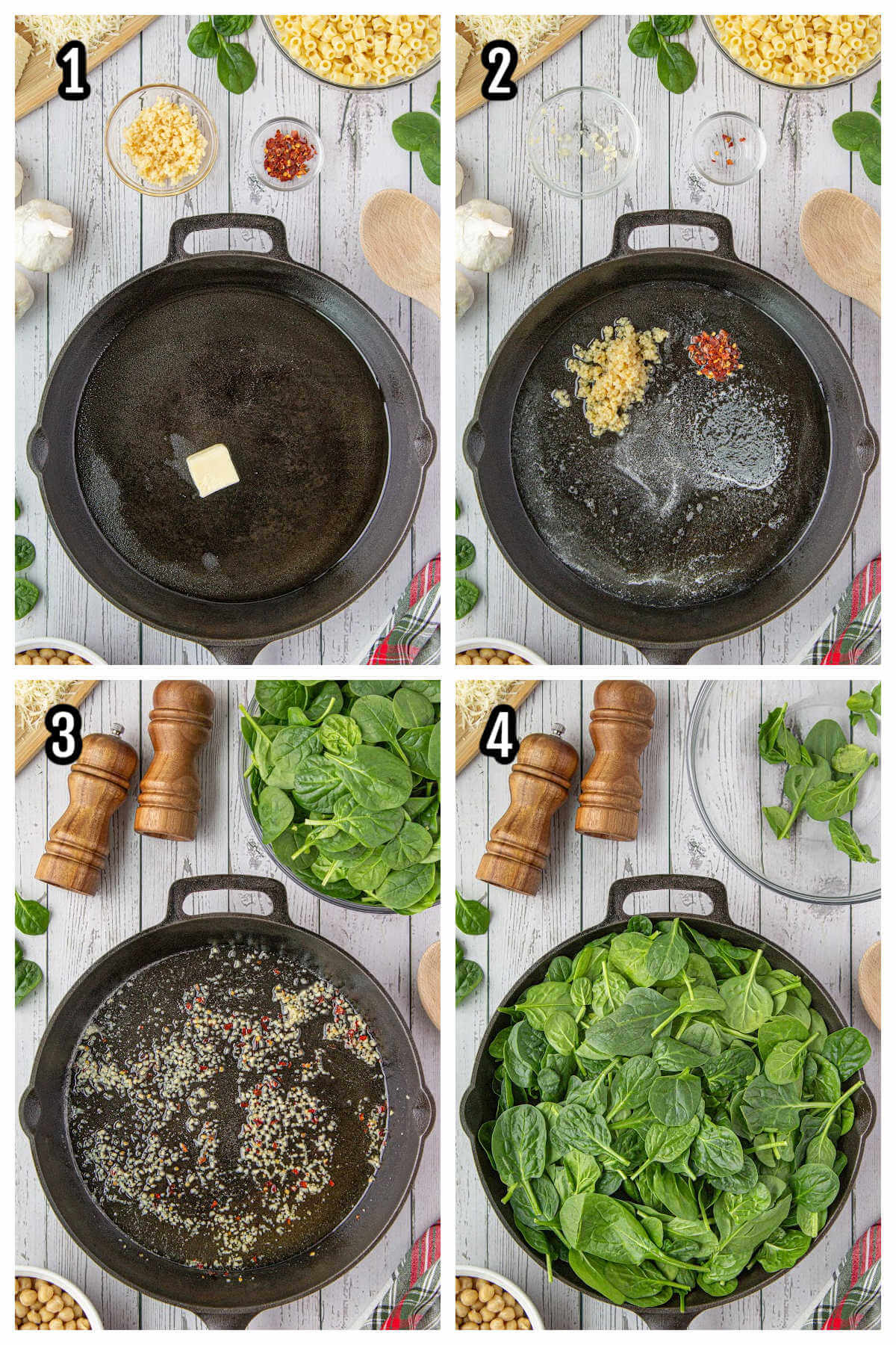 Collage of first four steps to make the garlic spinach pasta with ceci or chickpeas. 