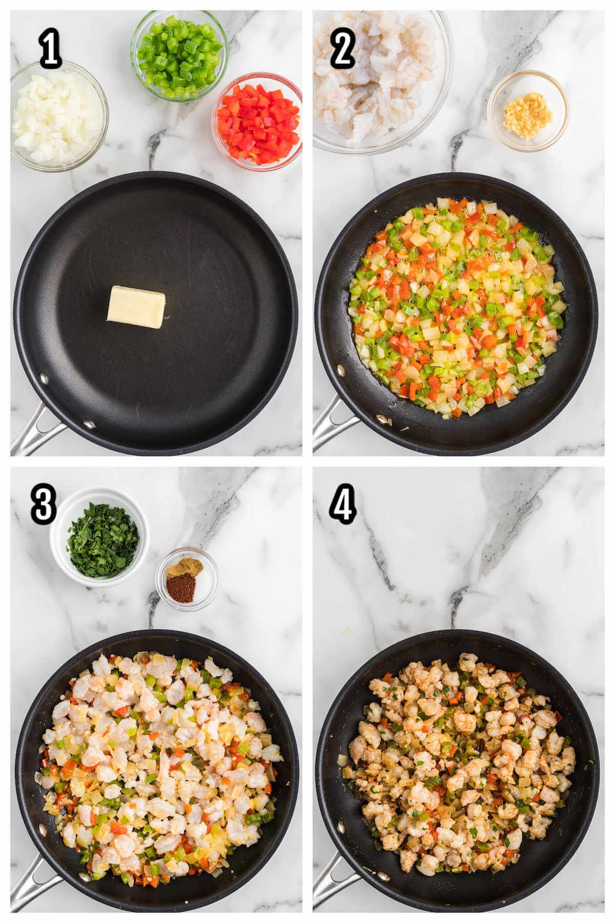 Collage of first four steps to making the white shrimp enchiladas recipe. 